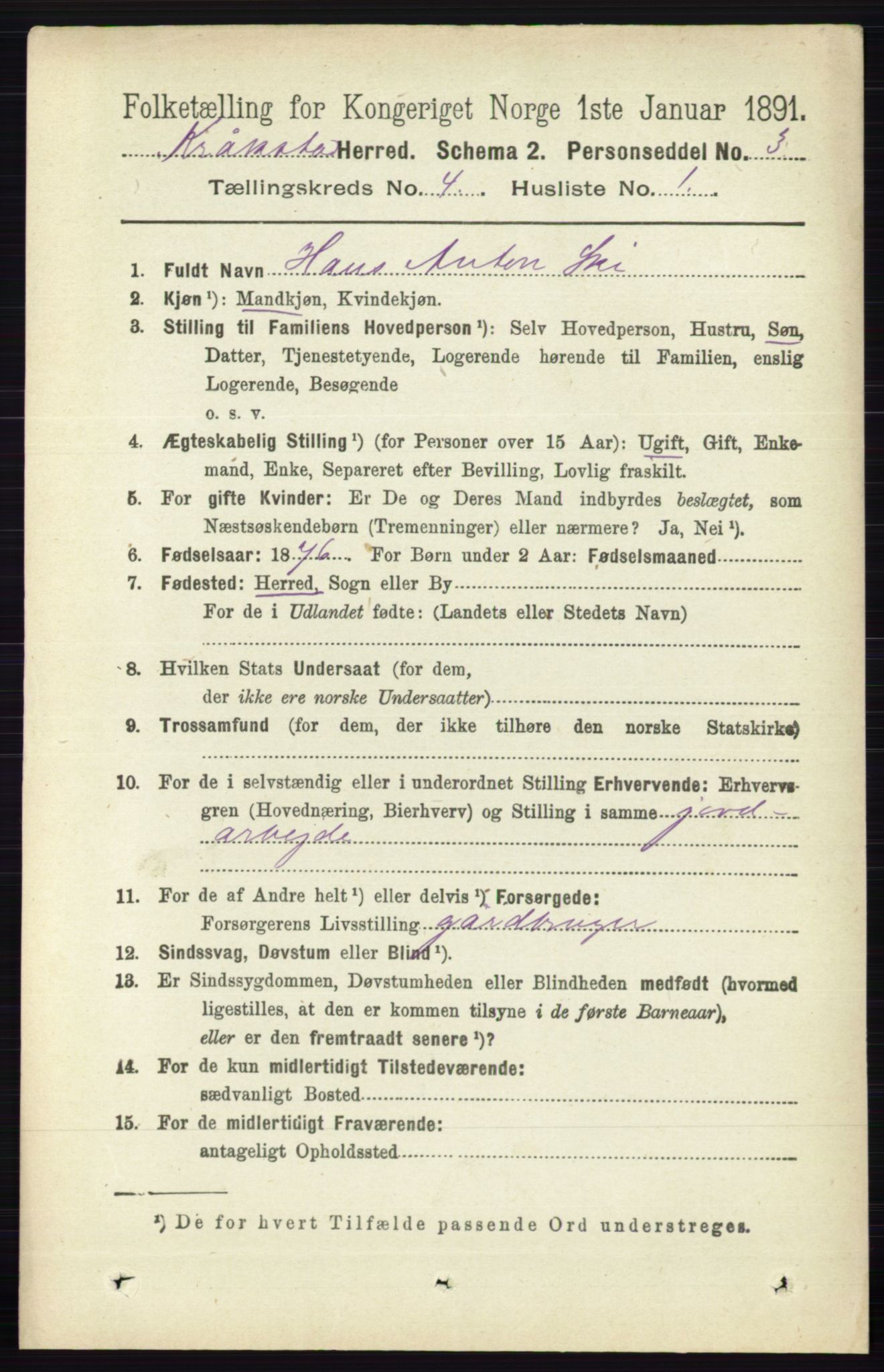 RA, 1891 census for 0212 Kråkstad, 1891, p. 1722