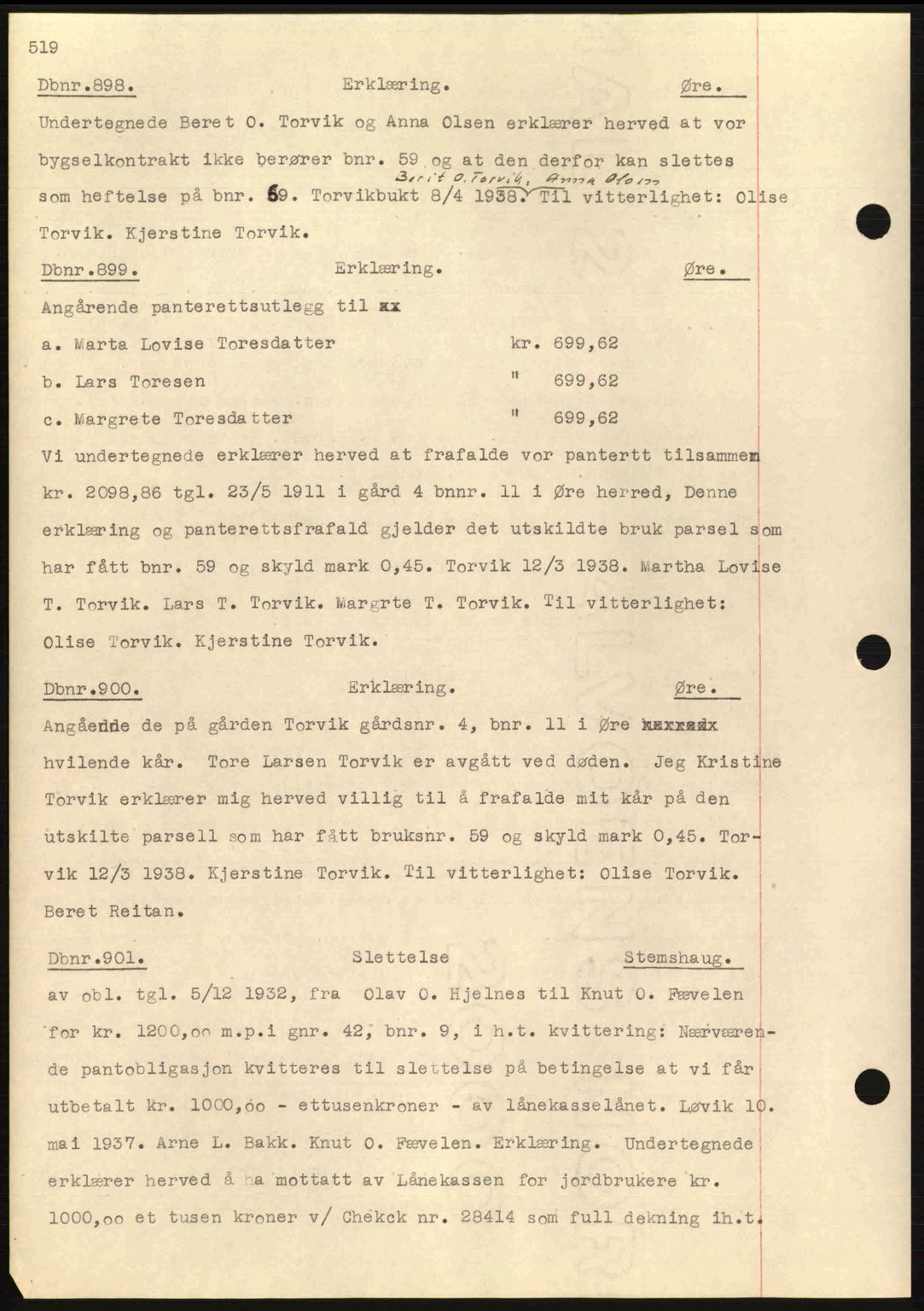 Nordmøre sorenskriveri, AV/SAT-A-4132/1/2/2Ca: Mortgage book no. C80, 1936-1939, Diary no: : 898/1938