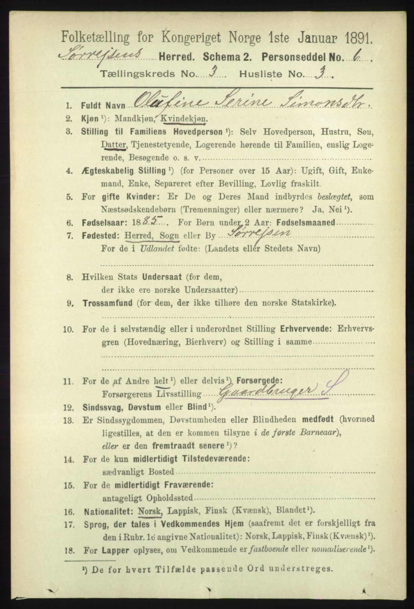 RA, 1891 census for 1925 Sørreisa, 1891, p. 703