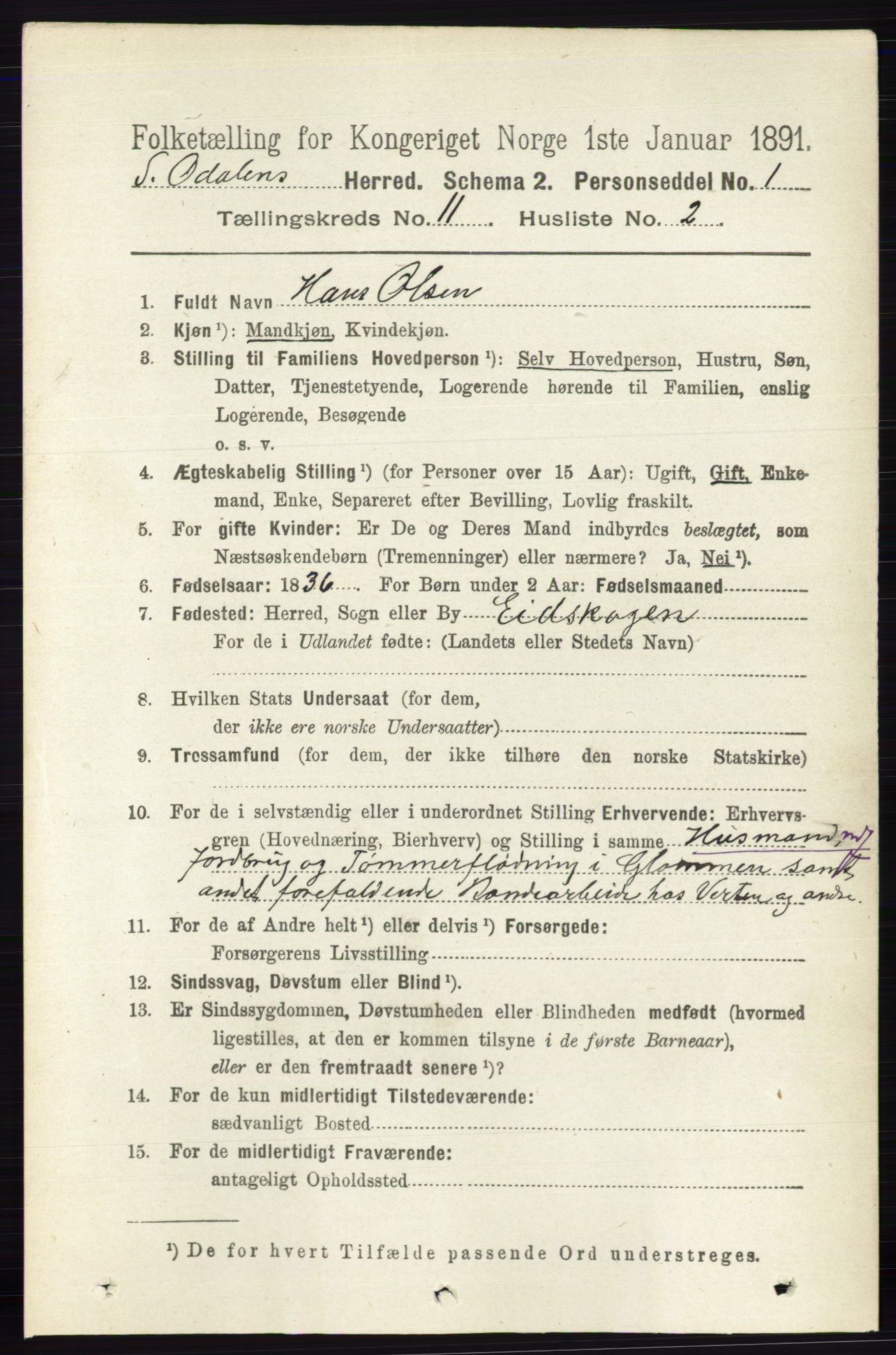 RA, 1891 census for 0419 Sør-Odal, 1891, p. 4907