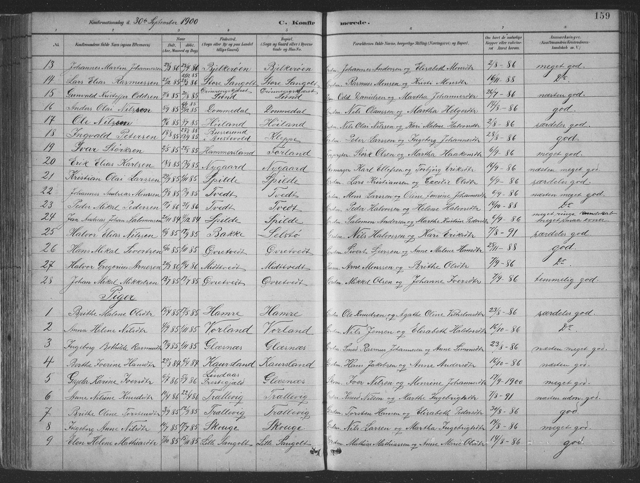 Sund sokneprestembete, SAB/A-99930: Parish register (copy) no. B 3, 1882-1911, p. 159