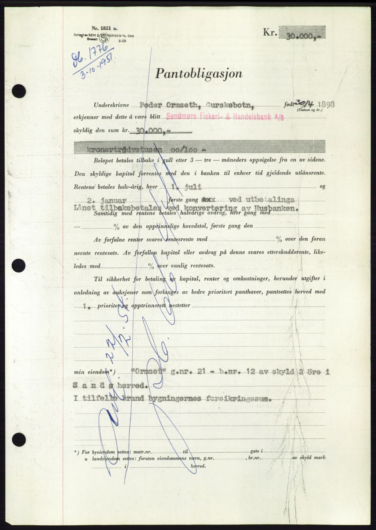 Søre Sunnmøre sorenskriveri, AV/SAT-A-4122/1/2/2C/L0120: Mortgage book no. 8B, 1951-1951, Diary no: : 1776/1951