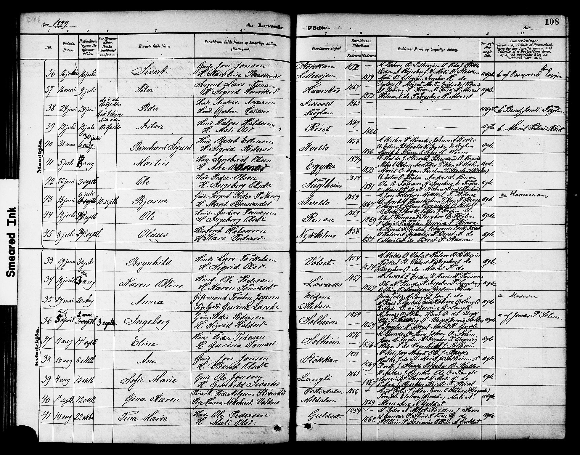 Ministerialprotokoller, klokkerbøker og fødselsregistre - Sør-Trøndelag, AV/SAT-A-1456/695/L1157: Parish register (copy) no. 695C08, 1889-1913, p. 108