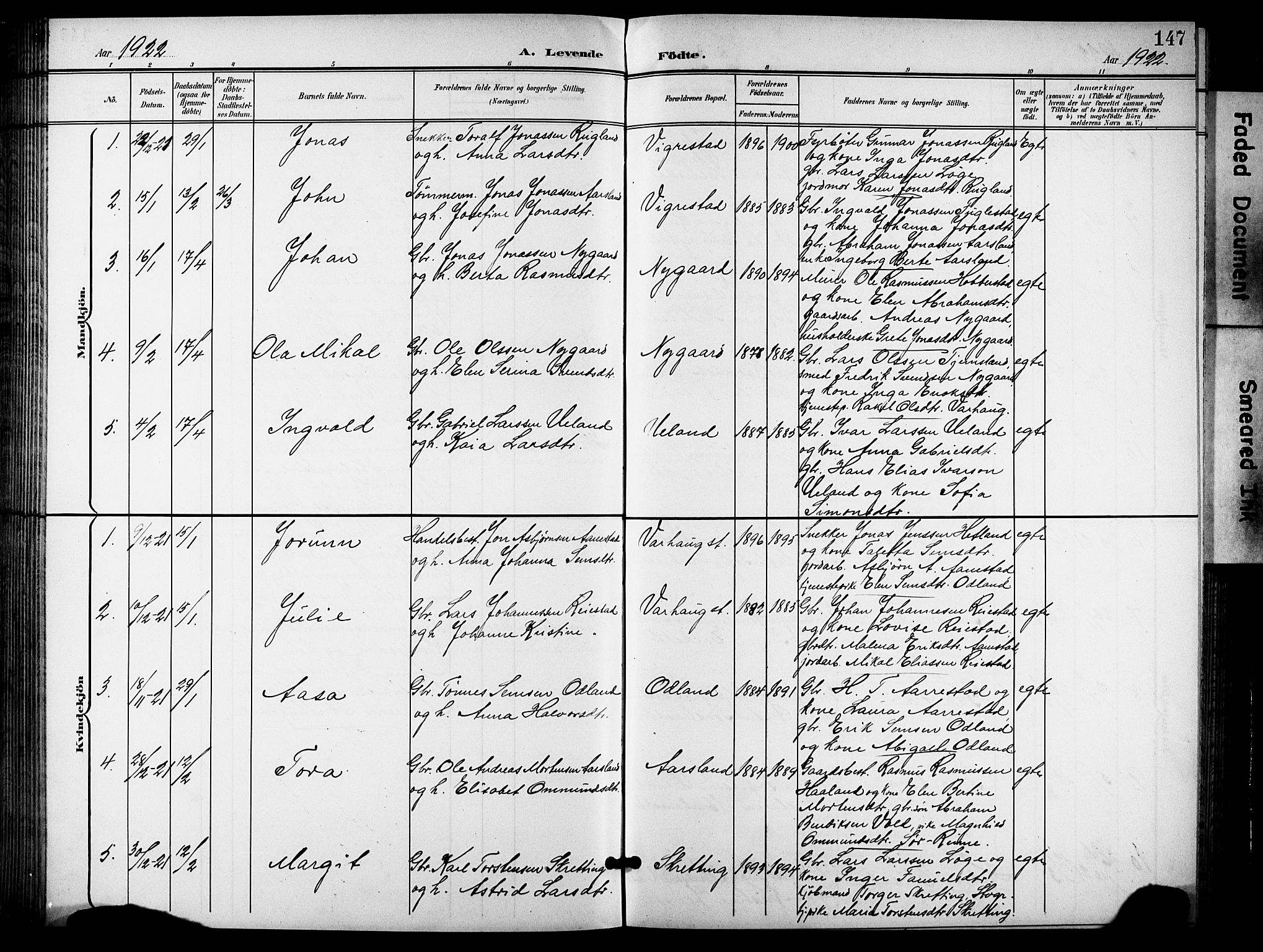 Hå sokneprestkontor, AV/SAST-A-101801/001/30BB/L0006: Parish register (copy) no. B 6, 1900-1924, p. 147