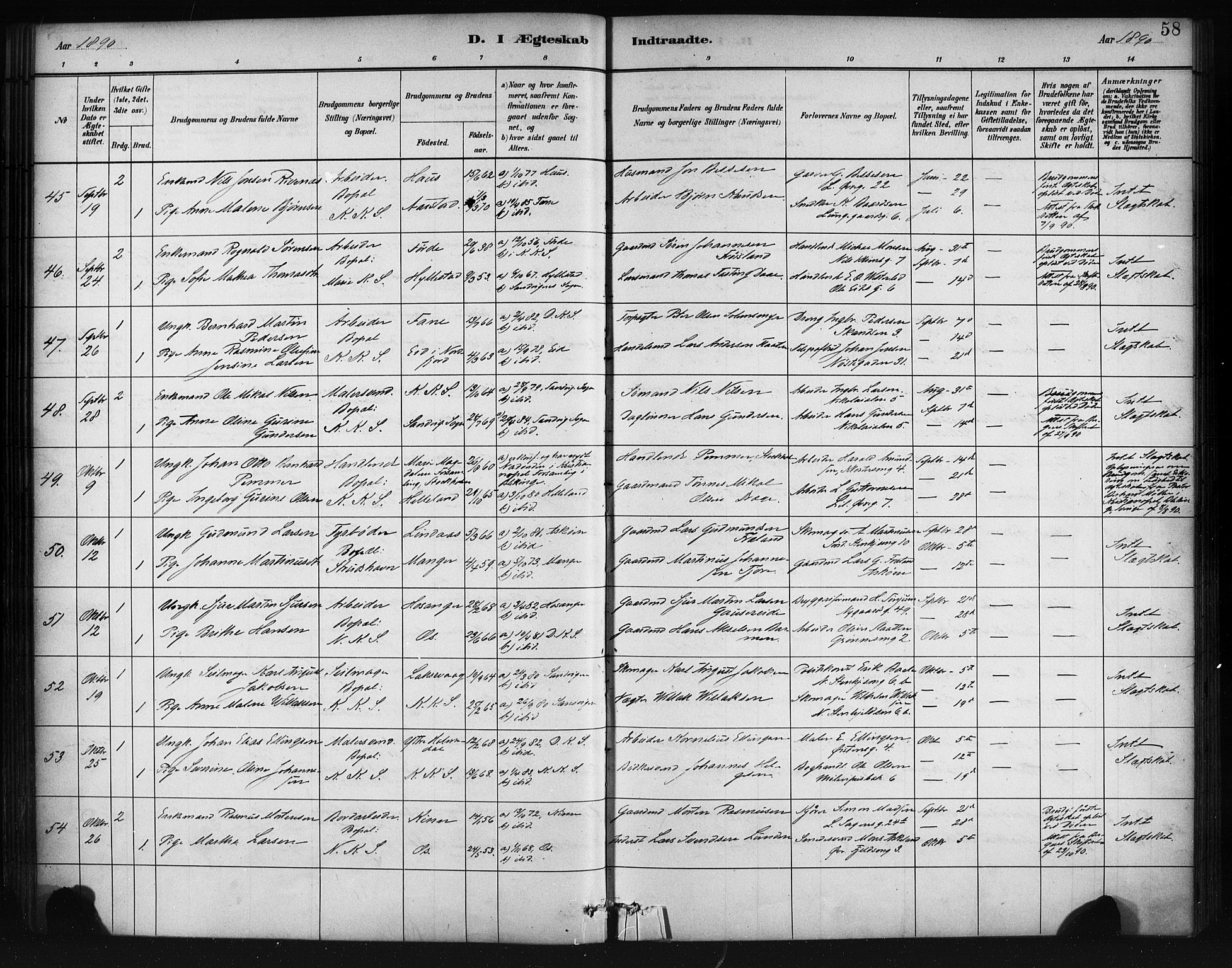 Korskirken sokneprestembete, SAB/A-76101/H/Haa/L0037: Parish register (official) no. D 4, 1883-1904, p. 58
