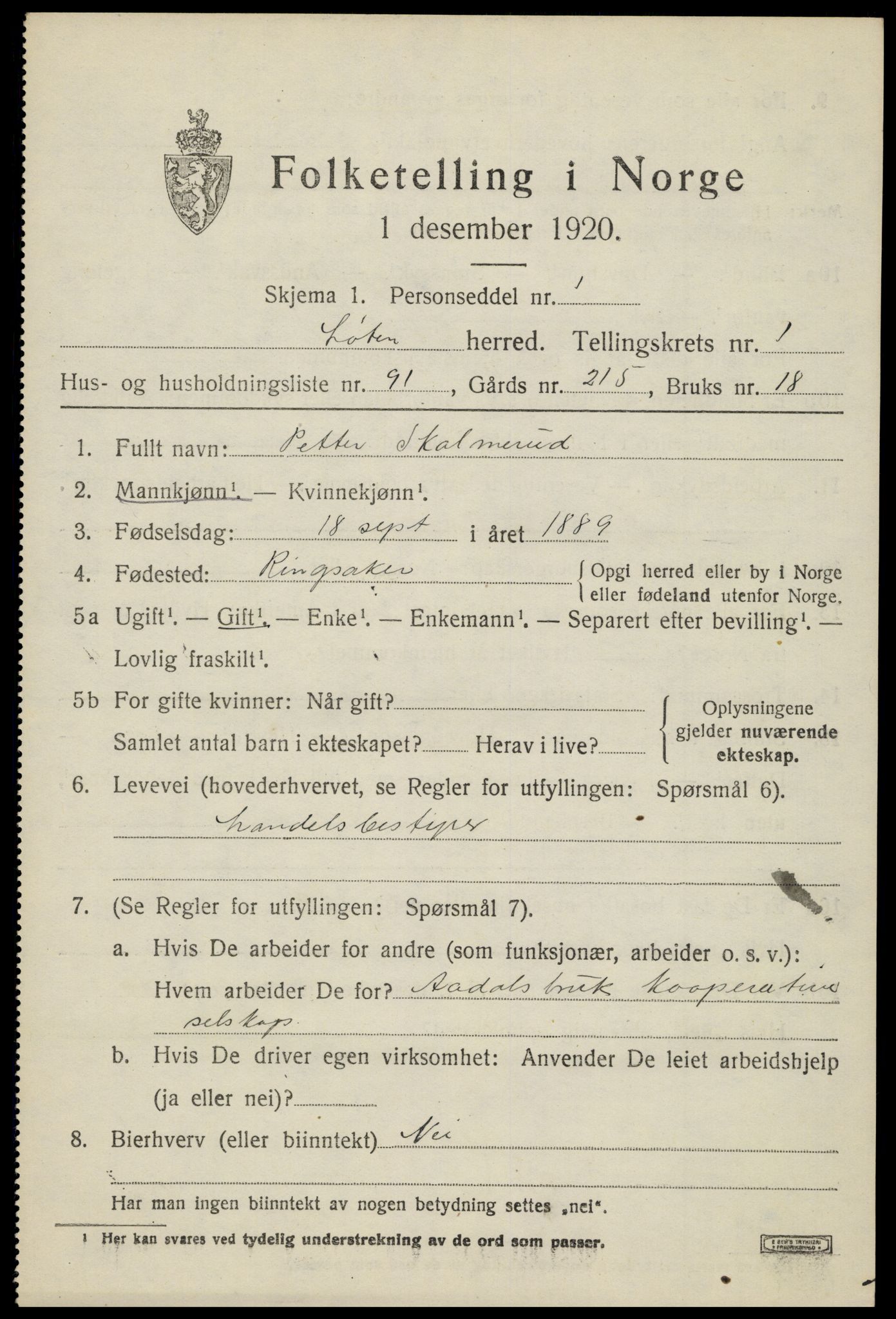 SAH, 1920 census for Løten, 1920, p. 3405