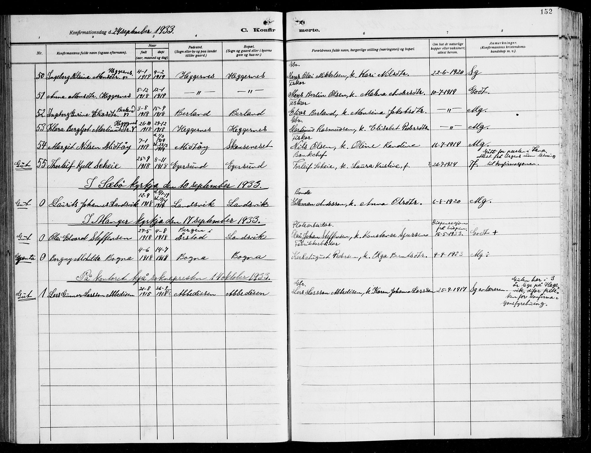 Herdla Sokneprestembete, AV/SAB-A-75701/H/Hab: Parish register (copy) no. C 3, 1926-1940, p. 152