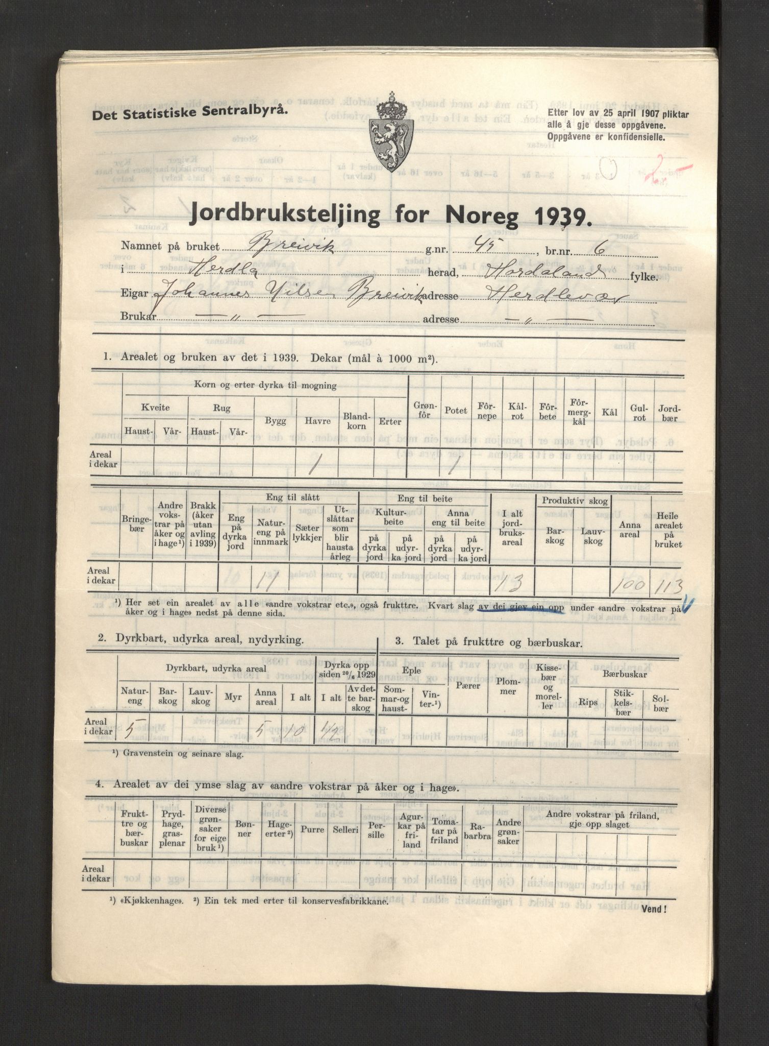 Statistisk sentralbyrå, Næringsøkonomiske emner, Jordbruk, skogbruk, jakt, fiske og fangst, AV/RA-S-2234/G/Gb/L0211: Hordaland: Herdla, Hjelme og Manger, 1939, p. 377