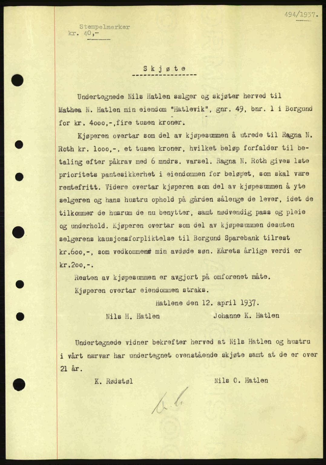 Nordre Sunnmøre sorenskriveri, AV/SAT-A-0006/1/2/2C/2Ca: Mortgage book no. A2, 1936-1937, Diary no: : 494/1937