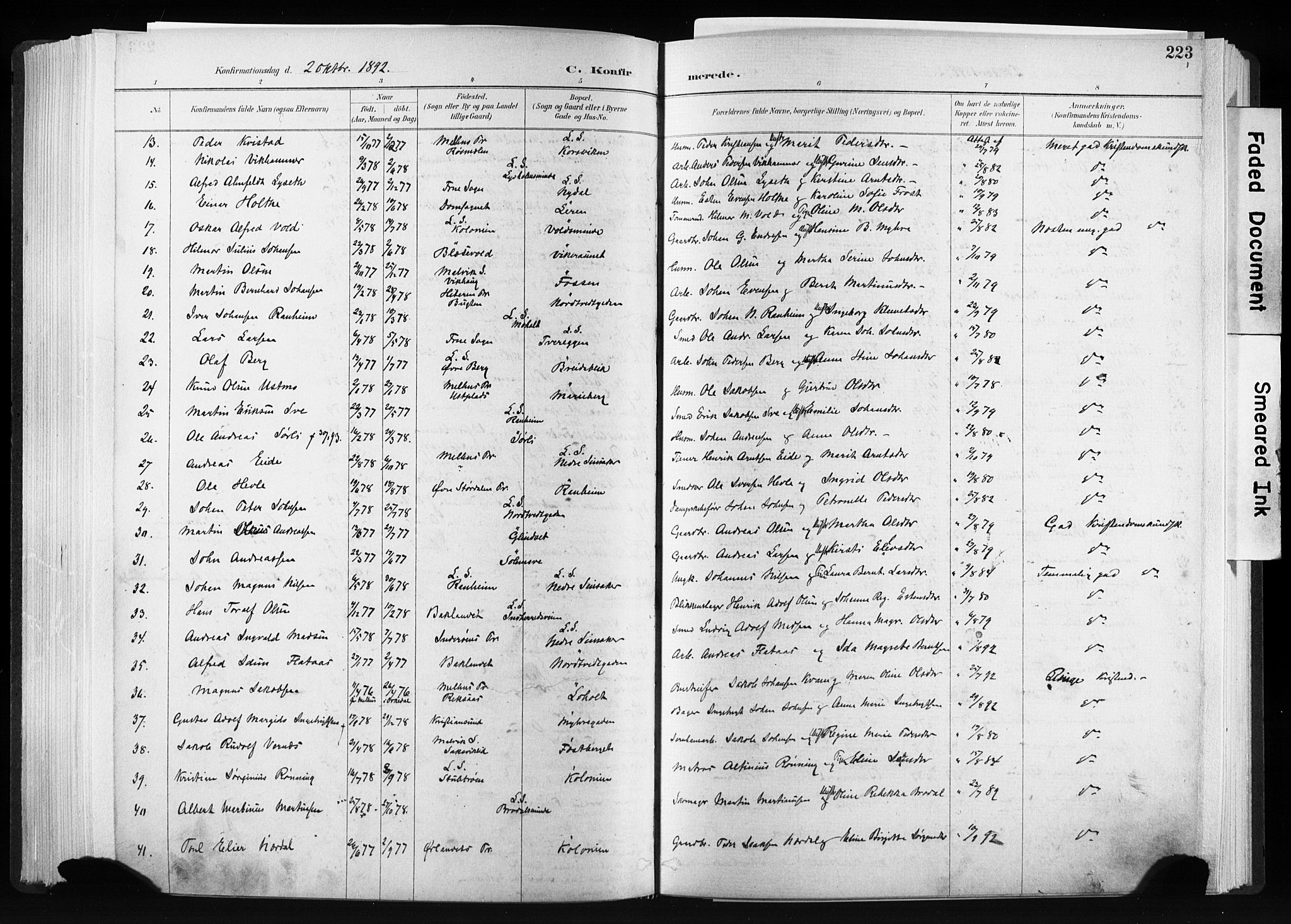 Ministerialprotokoller, klokkerbøker og fødselsregistre - Sør-Trøndelag, AV/SAT-A-1456/606/L0300: Parish register (official) no. 606A15, 1886-1893, p. 223