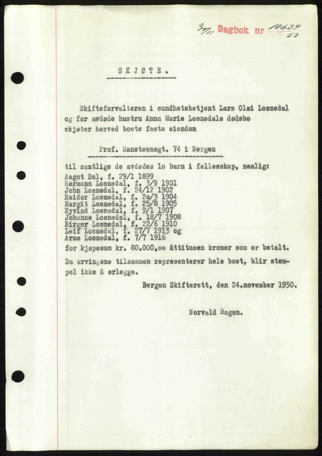 Byfogd og Byskriver i Bergen, SAB/A-3401/03/03Bc/L0034: Mortgage book no. A27-28, 1950-1950, Diary no: : 10639/1950