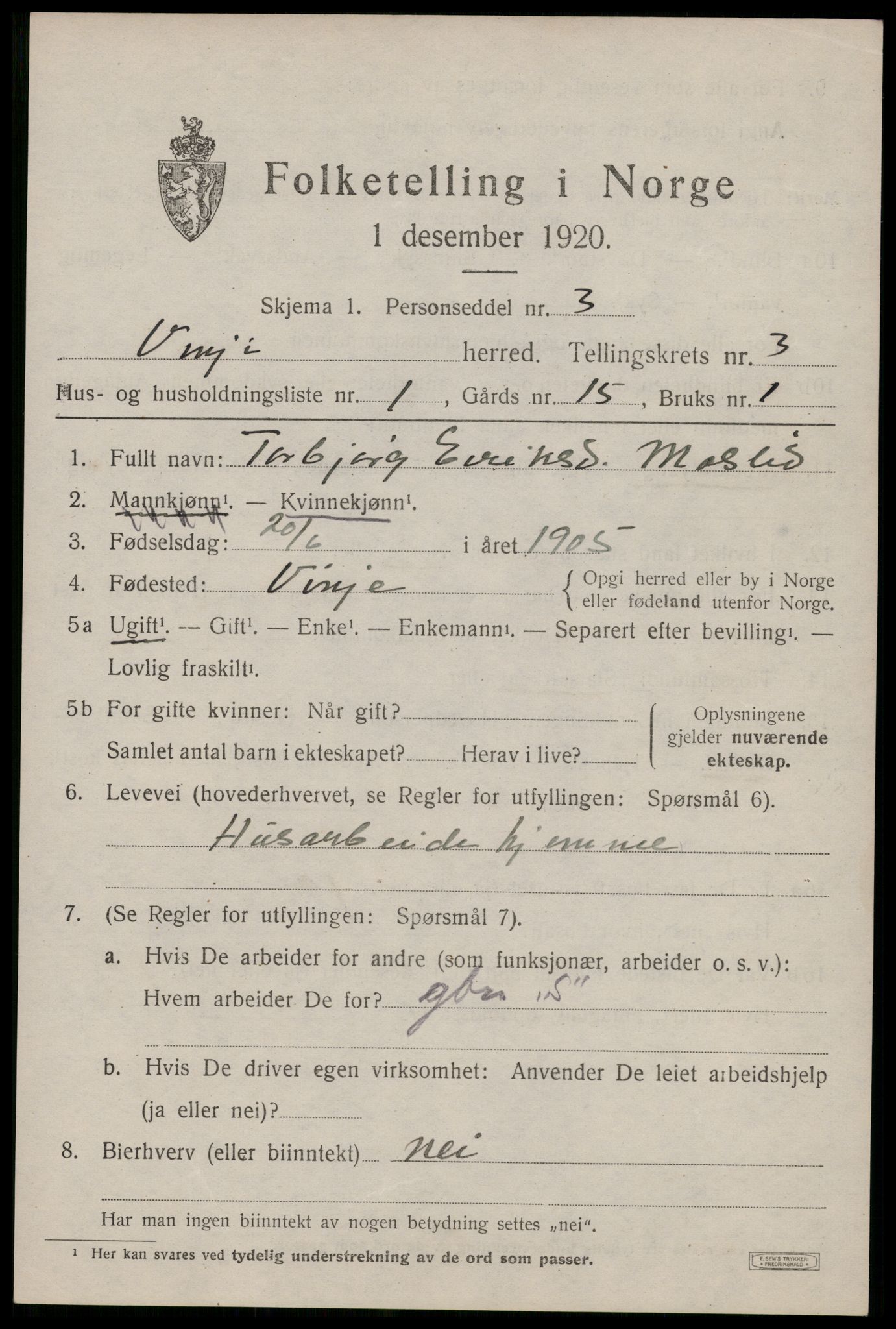 SAKO, 1920 census for Vinje, 1920, p. 1049