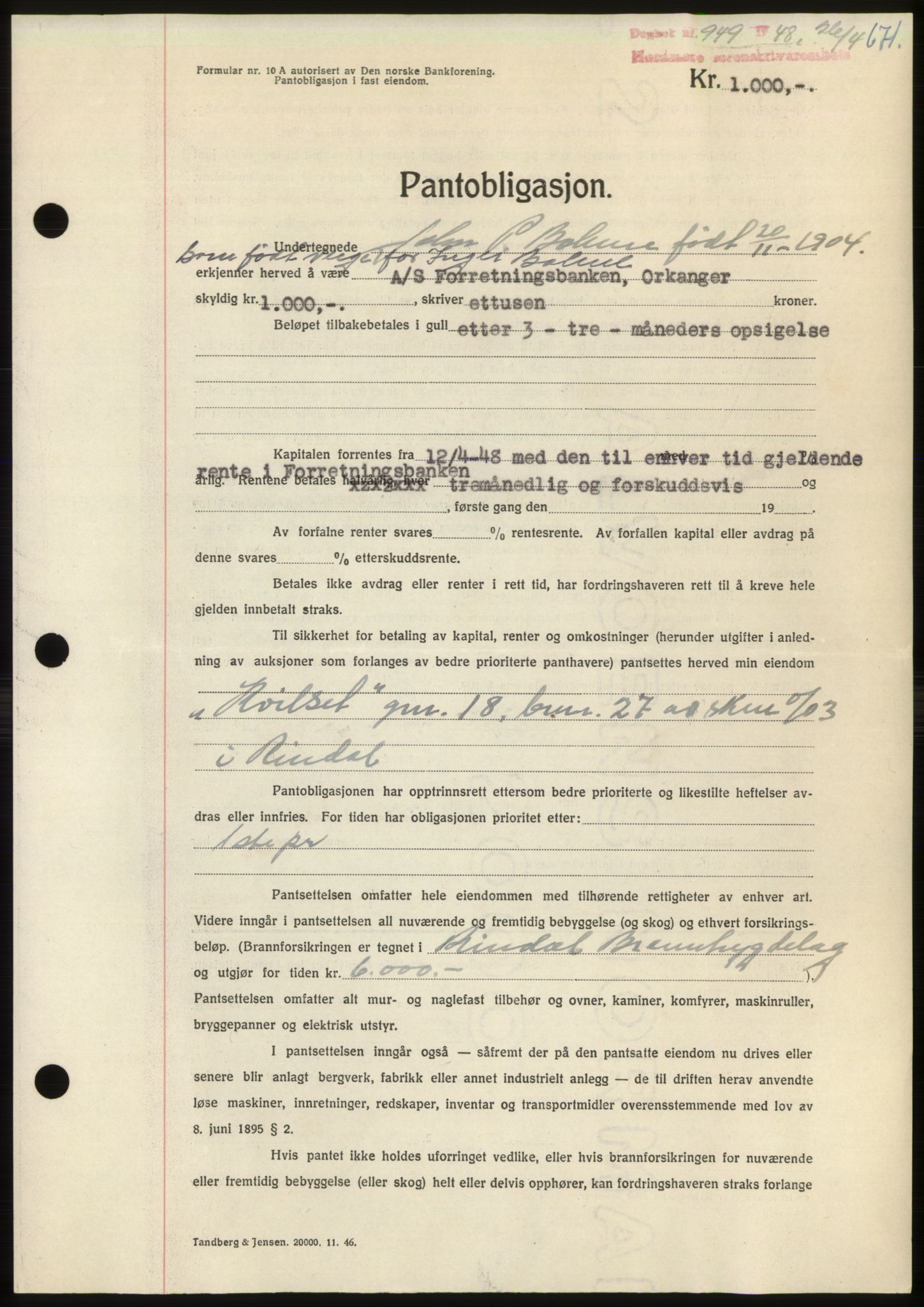 Nordmøre sorenskriveri, AV/SAT-A-4132/1/2/2Ca: Mortgage book no. B98, 1948-1948, Diary no: : 949/1948