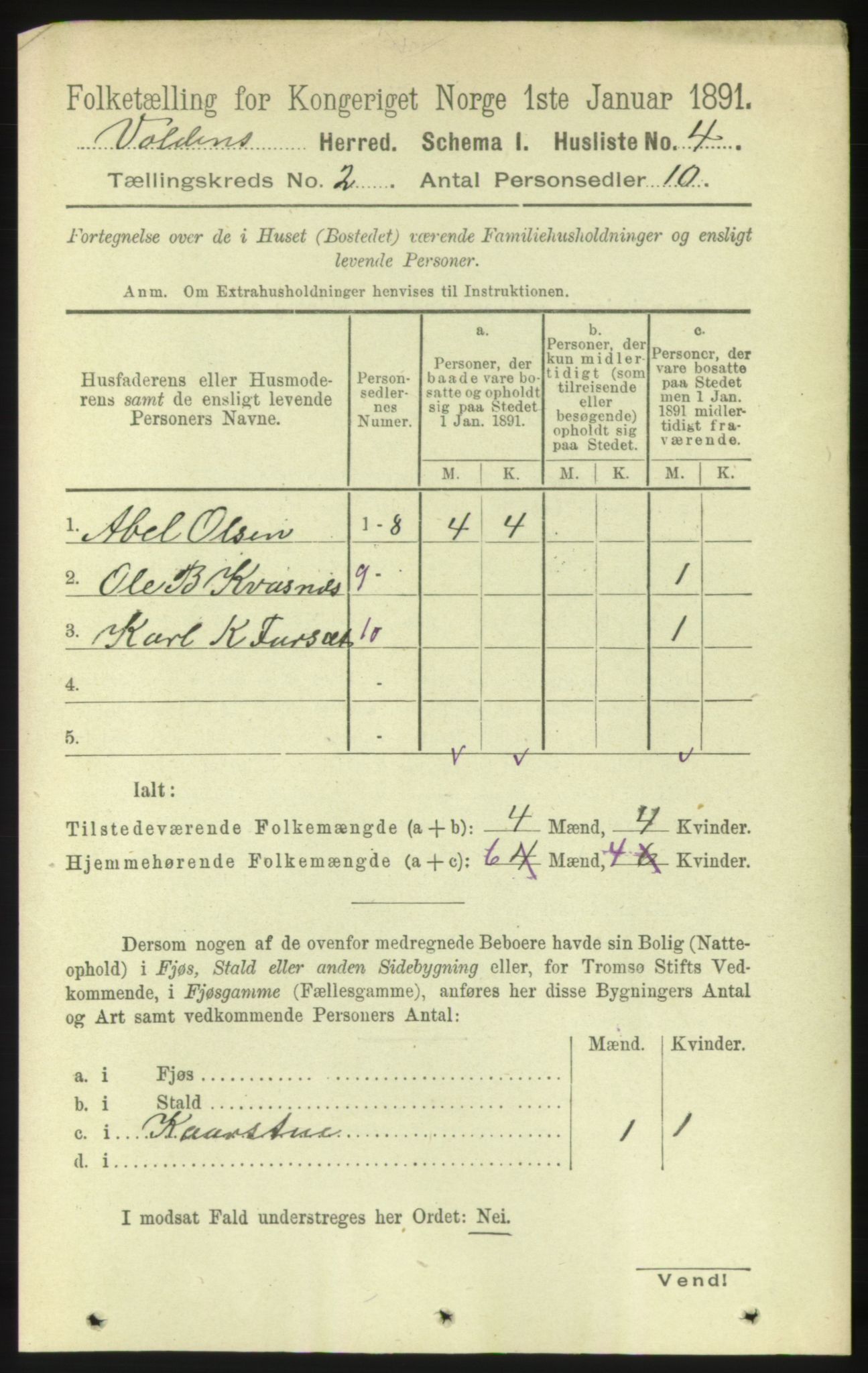 RA, 1891 census for 1519 Volda, 1891, p. 604