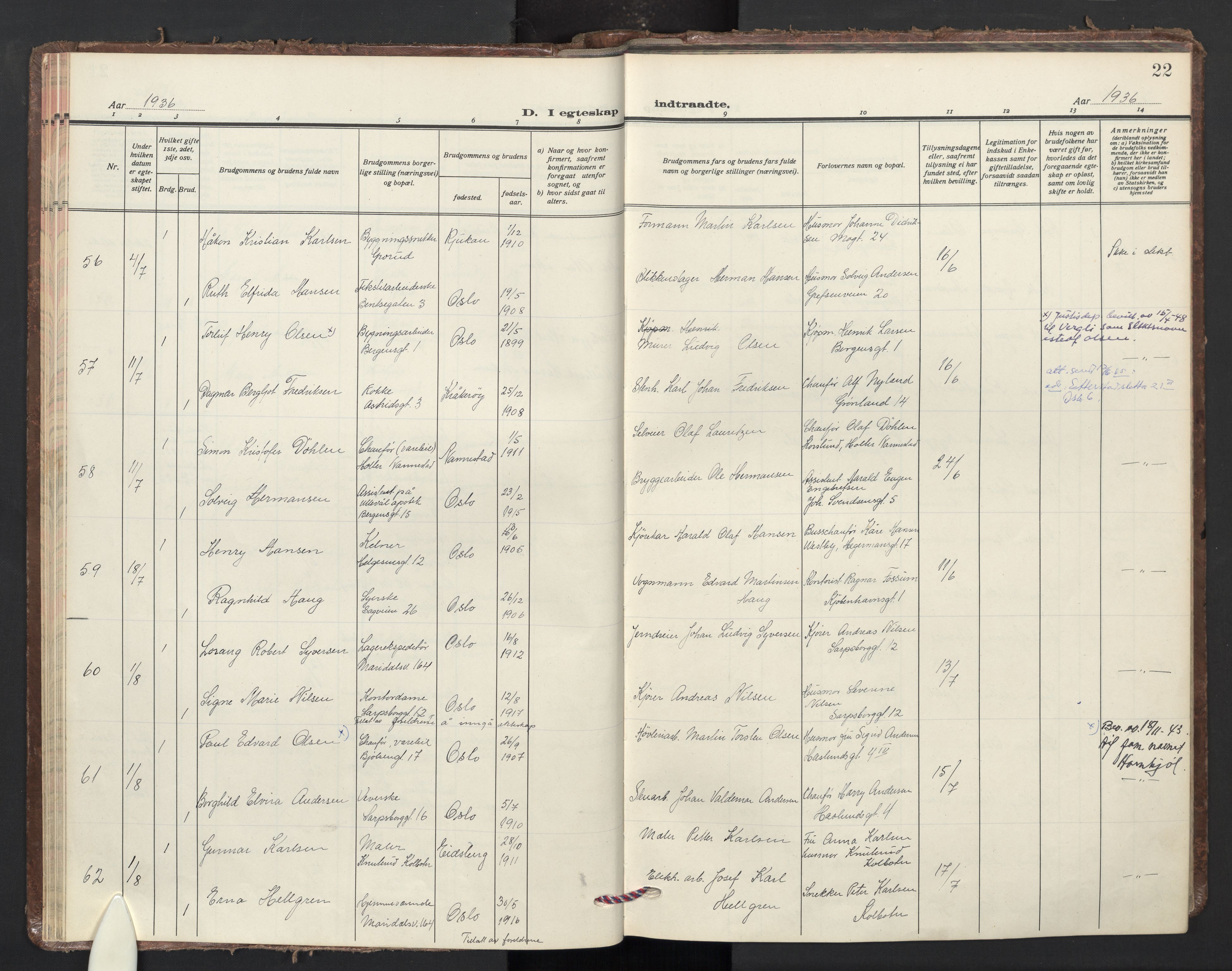 Sagene prestekontor Kirkebøker, AV/SAO-A-10796/F/L0018: Parish register (official) no. 18, 1935-1940, p. 22