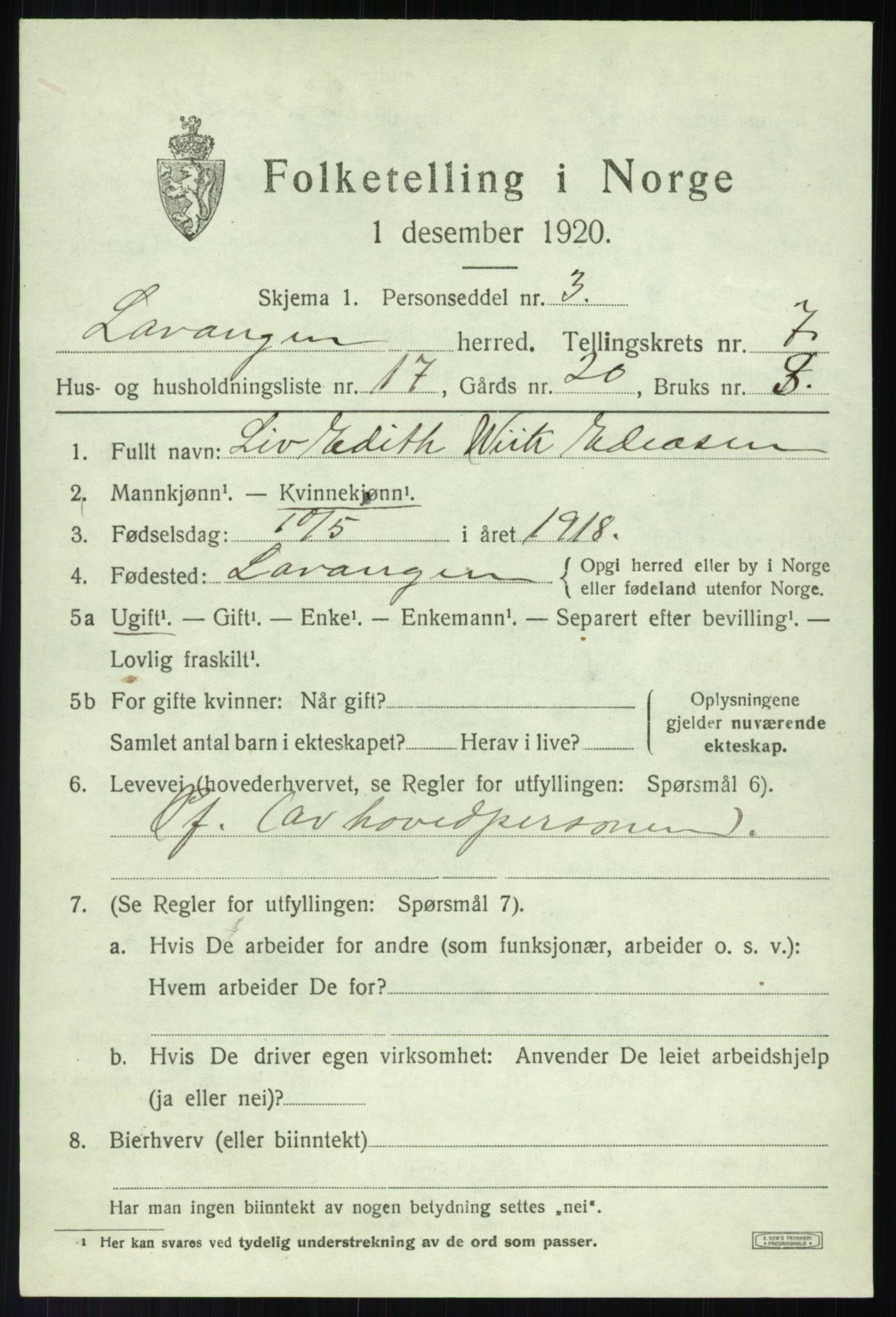 SATØ, 1920 census for Lavangen, 1920, p. 2913