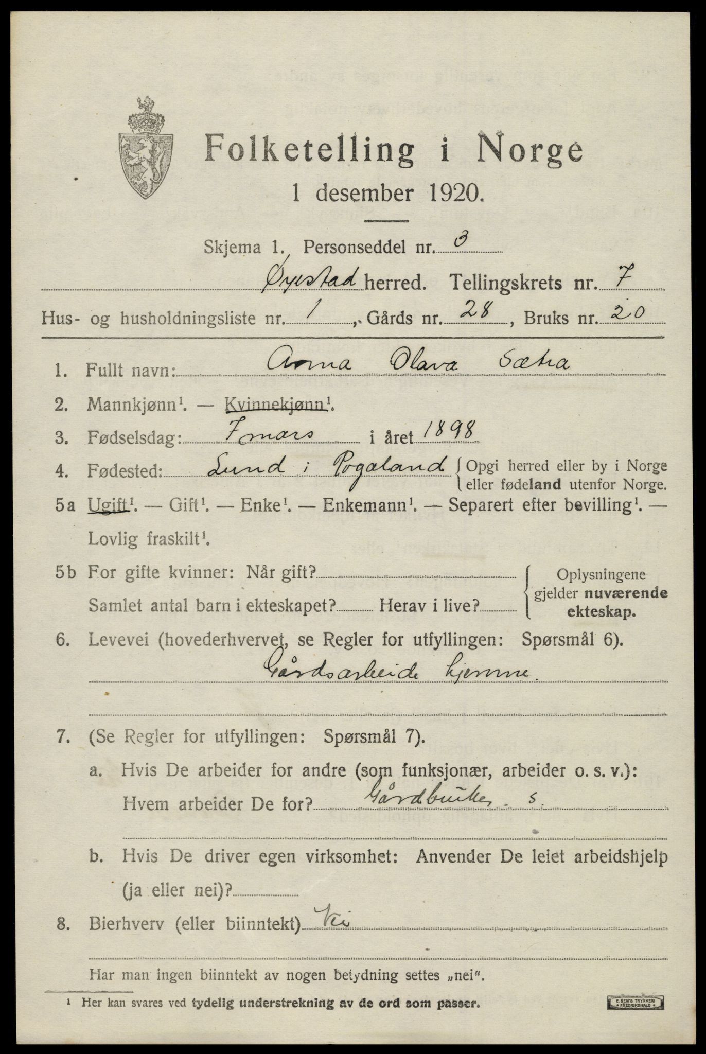 SAK, 1920 census for Øyestad, 1920, p. 4862