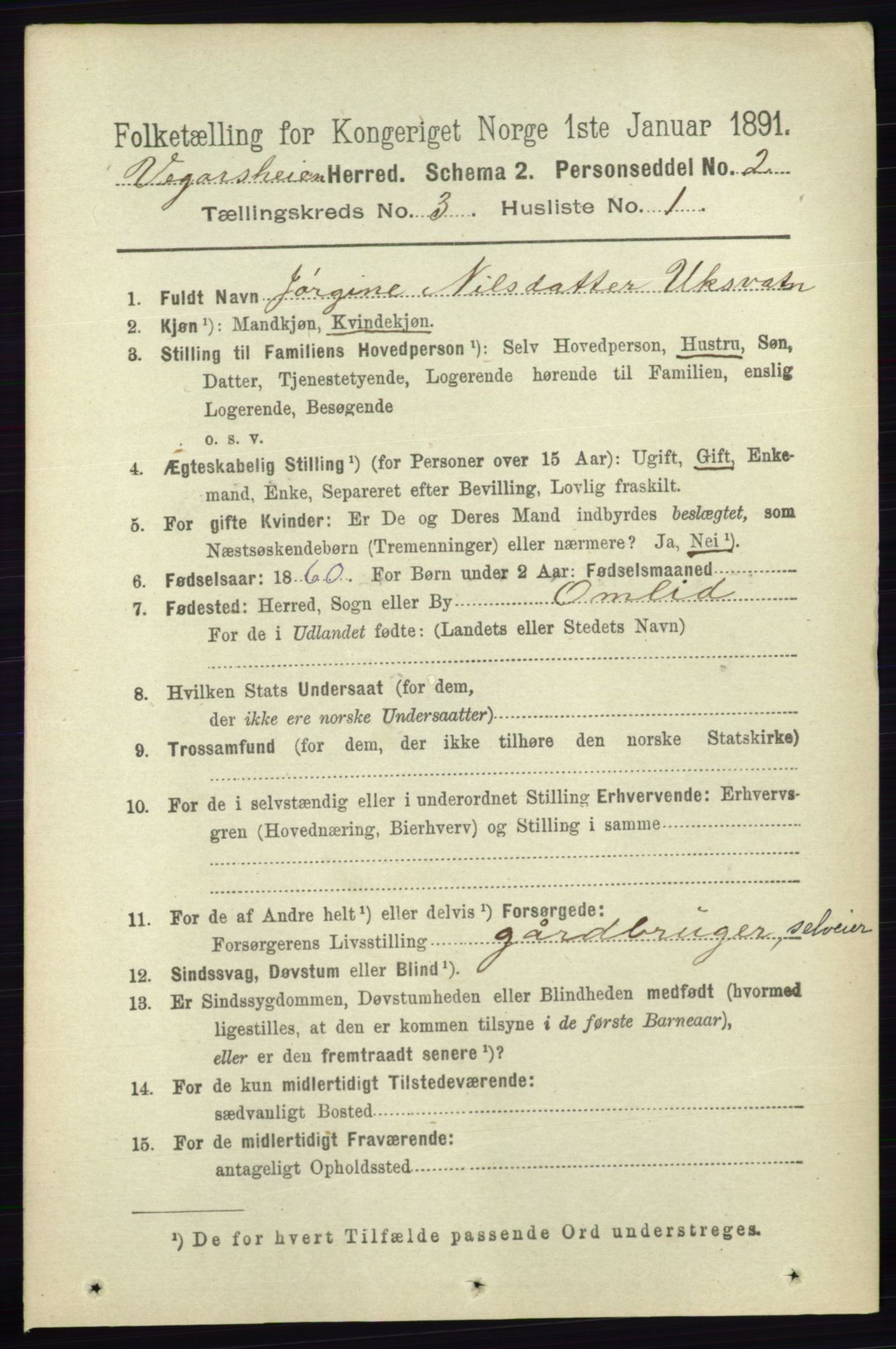 RA, 1891 census for 0912 Vegårshei, 1891, p. 620