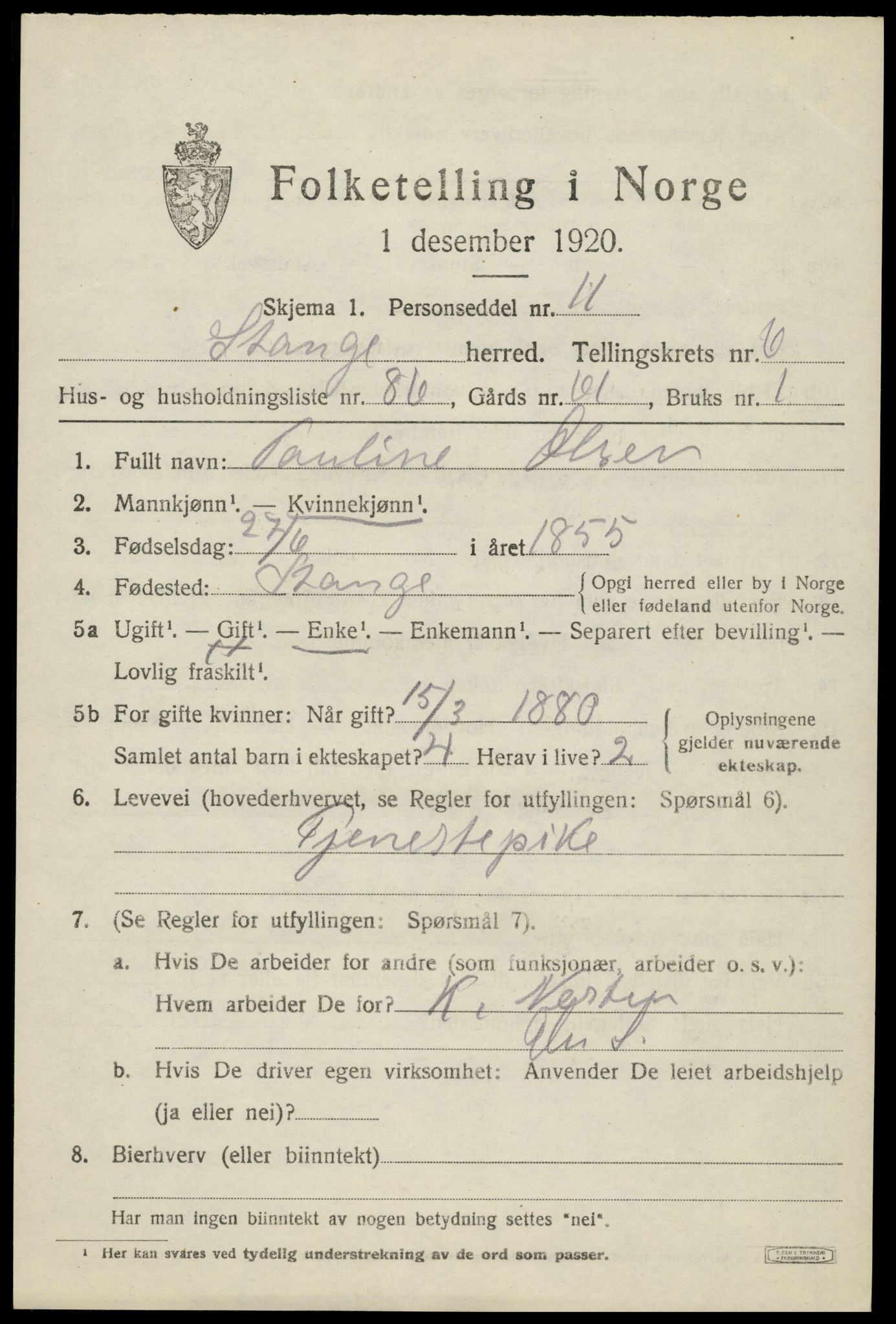SAH, 1920 census for Stange, 1920, p. 11731