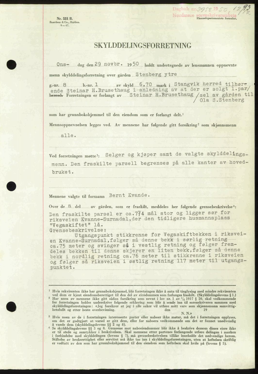 Nordmøre sorenskriveri, AV/SAT-A-4132/1/2/2Ca: Mortgage book no. A117, 1950-1950, Diary no: : 3958/1950