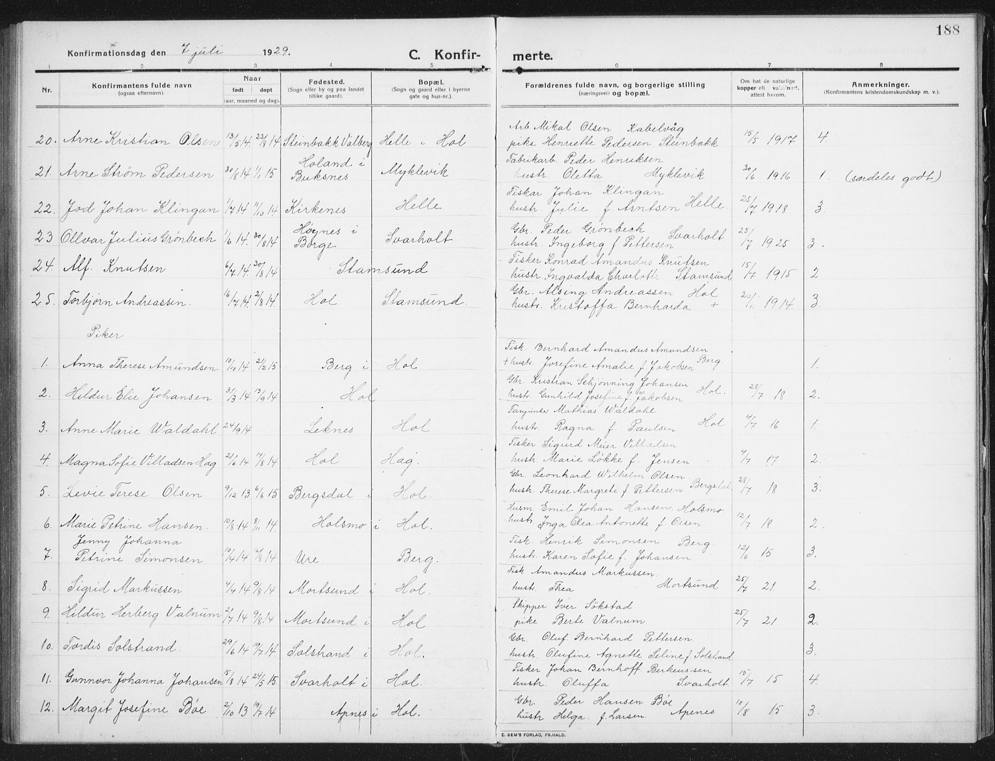 Ministerialprotokoller, klokkerbøker og fødselsregistre - Nordland, SAT/A-1459/882/L1183: Parish register (copy) no. 882C01, 1911-1938, p. 188