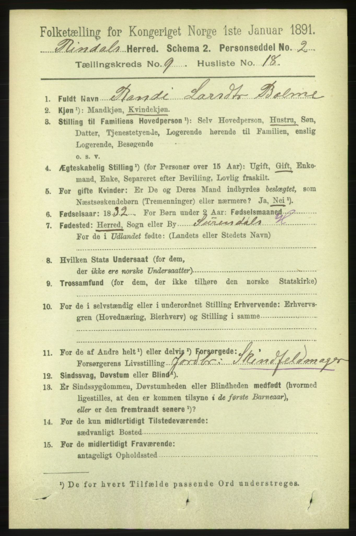 RA, 1891 census for 1567 Rindal, 1891, p. 2988