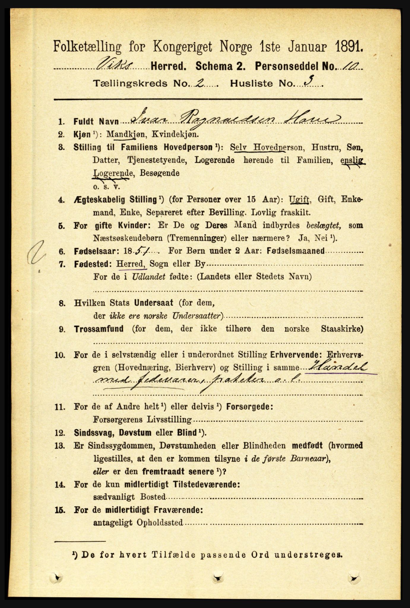 RA, 1891 census for 1417 Vik, 1891, p. 726