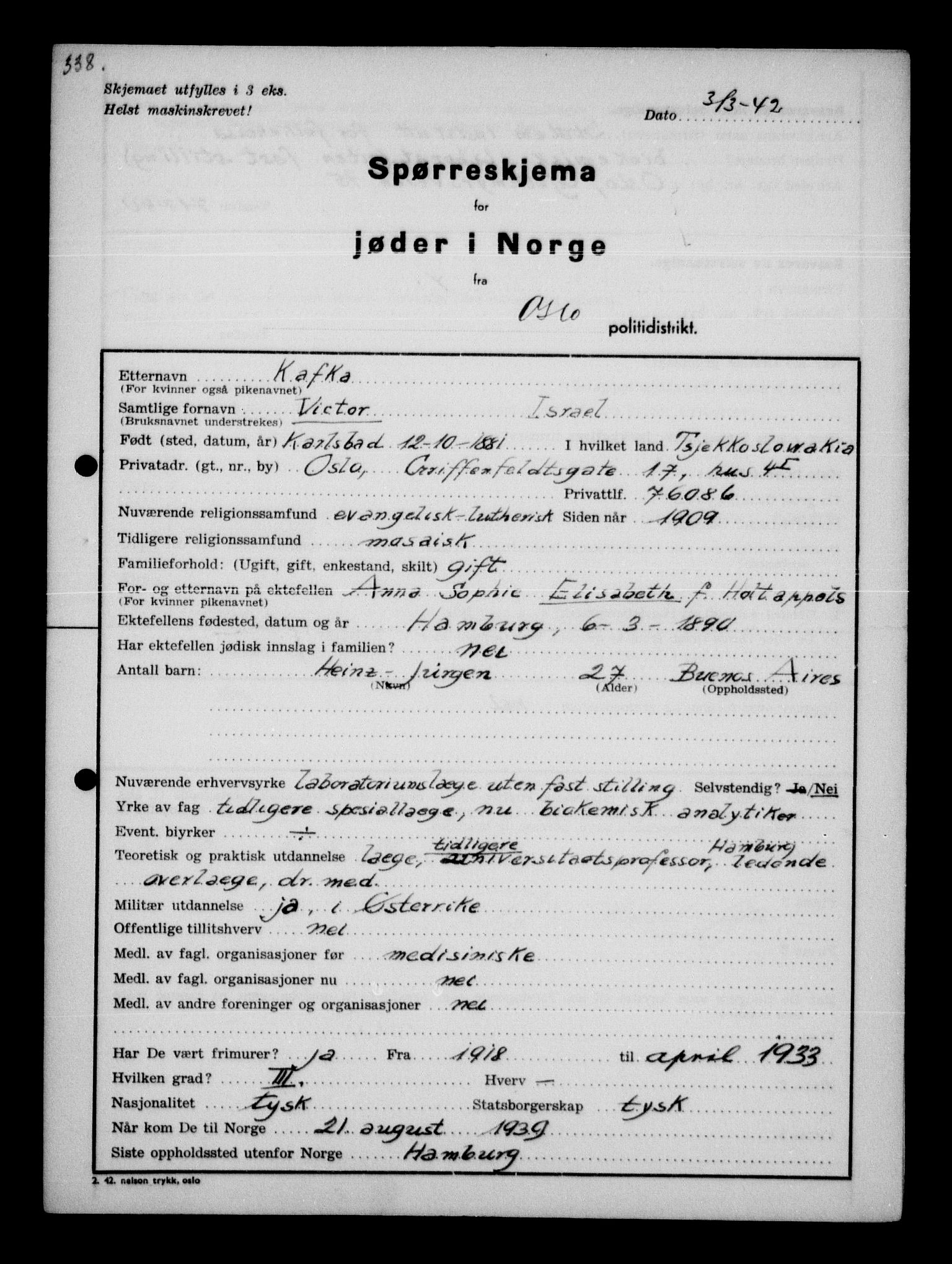 Statspolitiet - Hovedkontoret / Osloavdelingen, AV/RA-S-1329/G/Ga/L0010: Spørreskjema for jøder i Norge, Oslo Hansen-Pintzow, 1942, p. 230