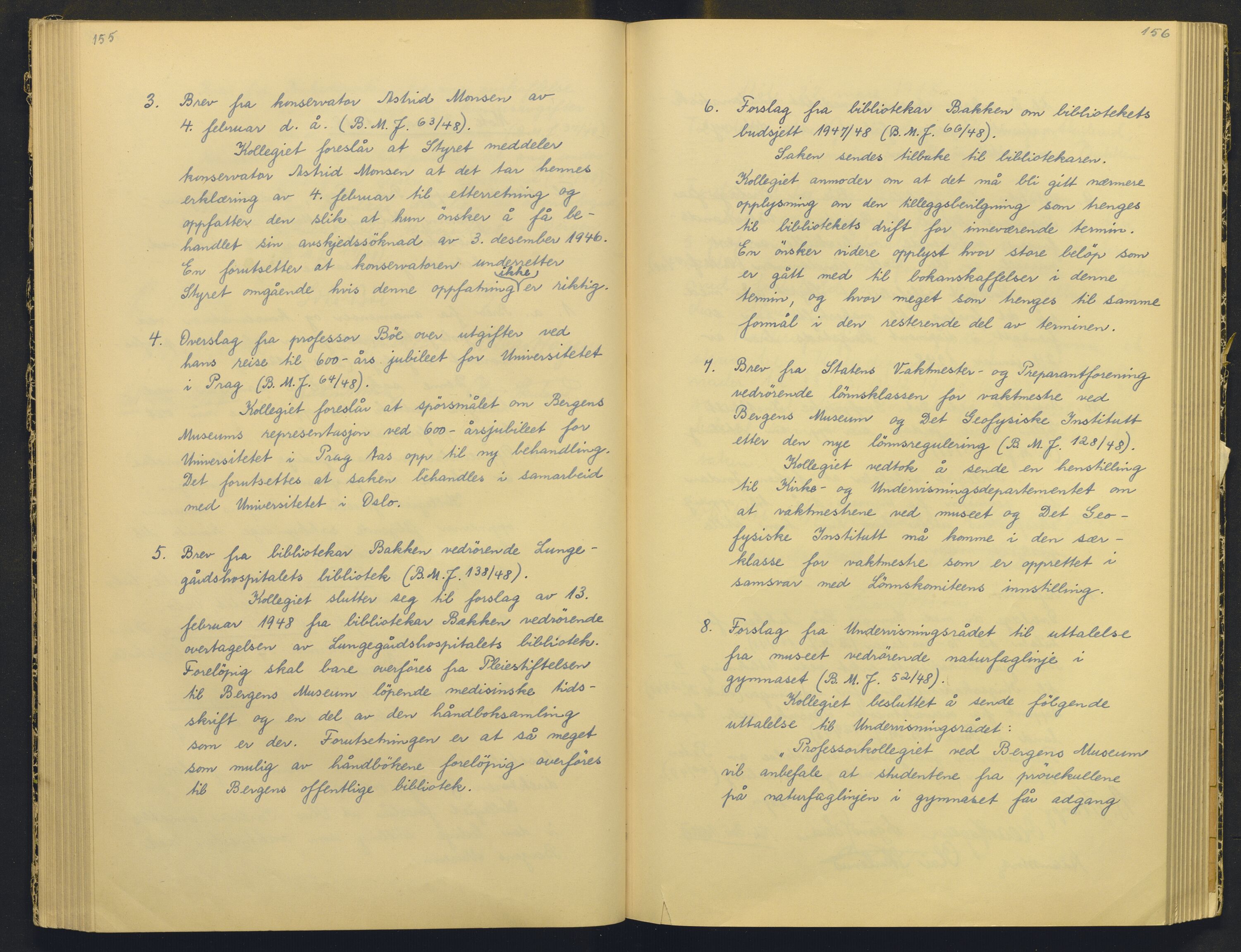 Bergens Museum, AV/SAB-A-17301/18/A/L0004: Professorkollegiets møtebok med register , 1945-1949, p. 155-156
