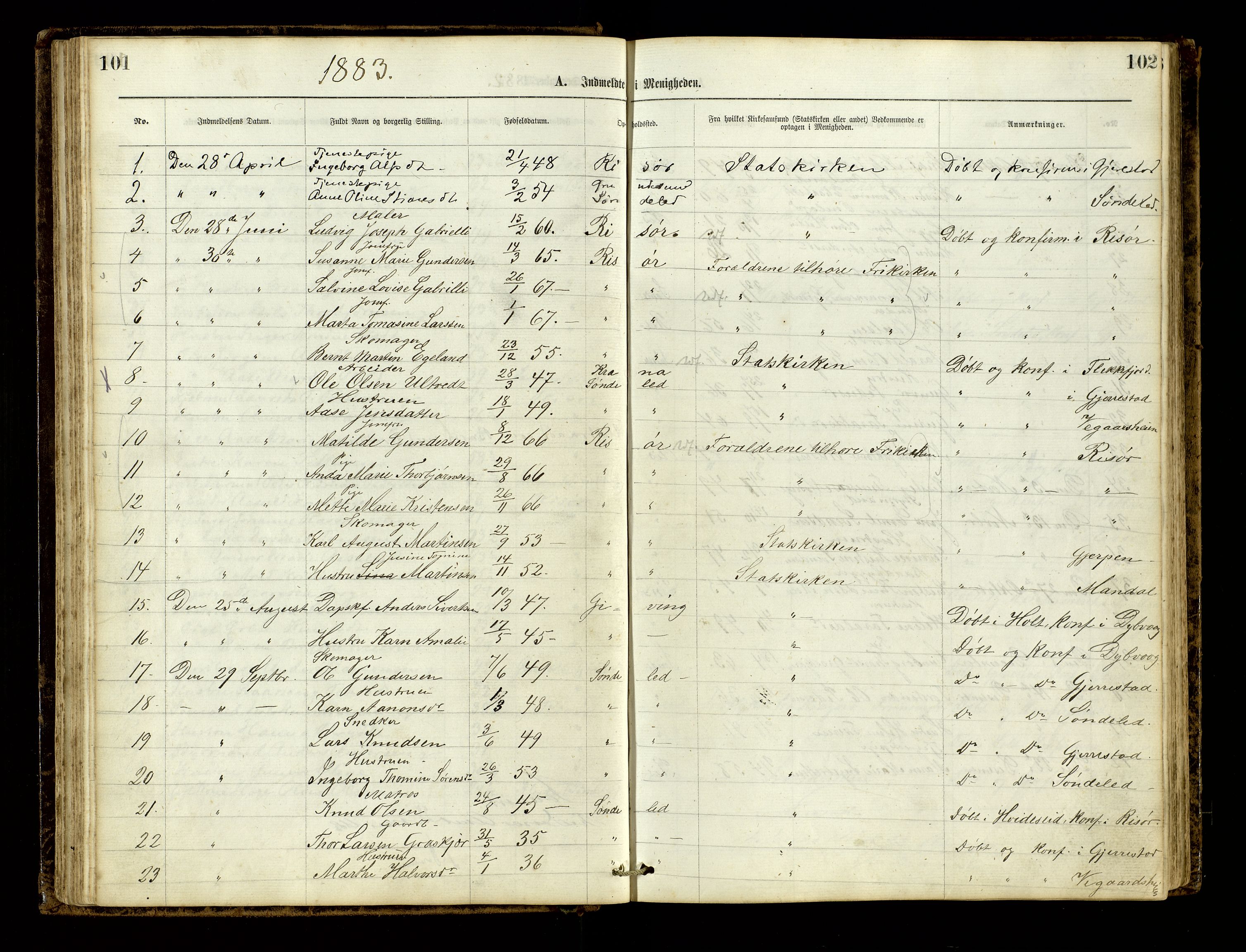 Den evangelisk-lutherske frimenighet, Risør, AV/SAK-1292-0007/F/Fa/L0001: Dissenter register no. F 17, 1877-1892, p. 101-102