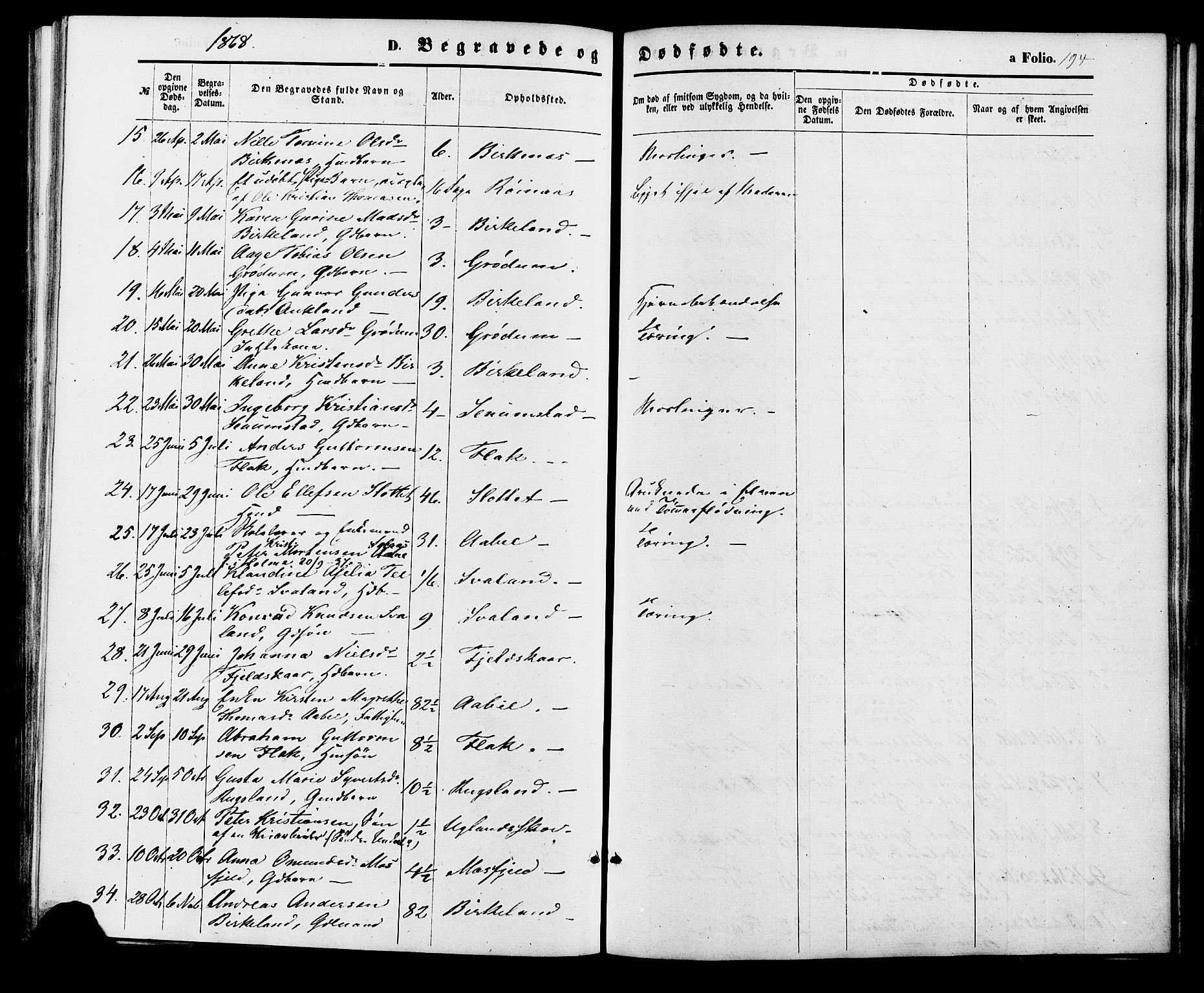 Birkenes sokneprestkontor, AV/SAK-1111-0004/F/Fa/L0004: Parish register (official) no. A 4, 1867-1886, p. 194