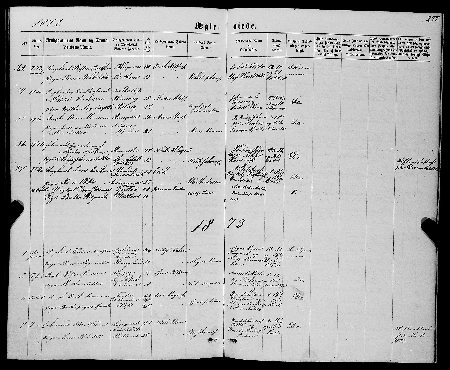 Haus sokneprestembete, AV/SAB-A-75601/H/Haa: Parish register (official) no. A 18, 1871-1877, p. 277