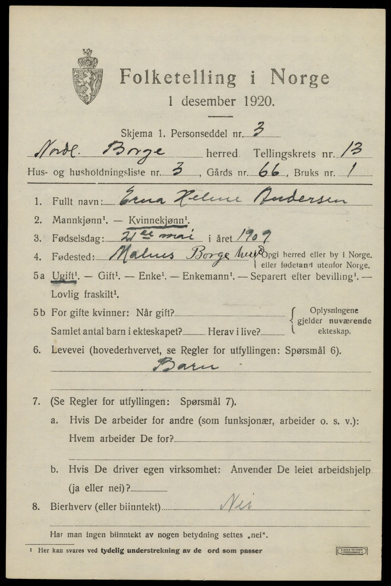 SAT, 1920 census for Borge, 1920, p. 10303