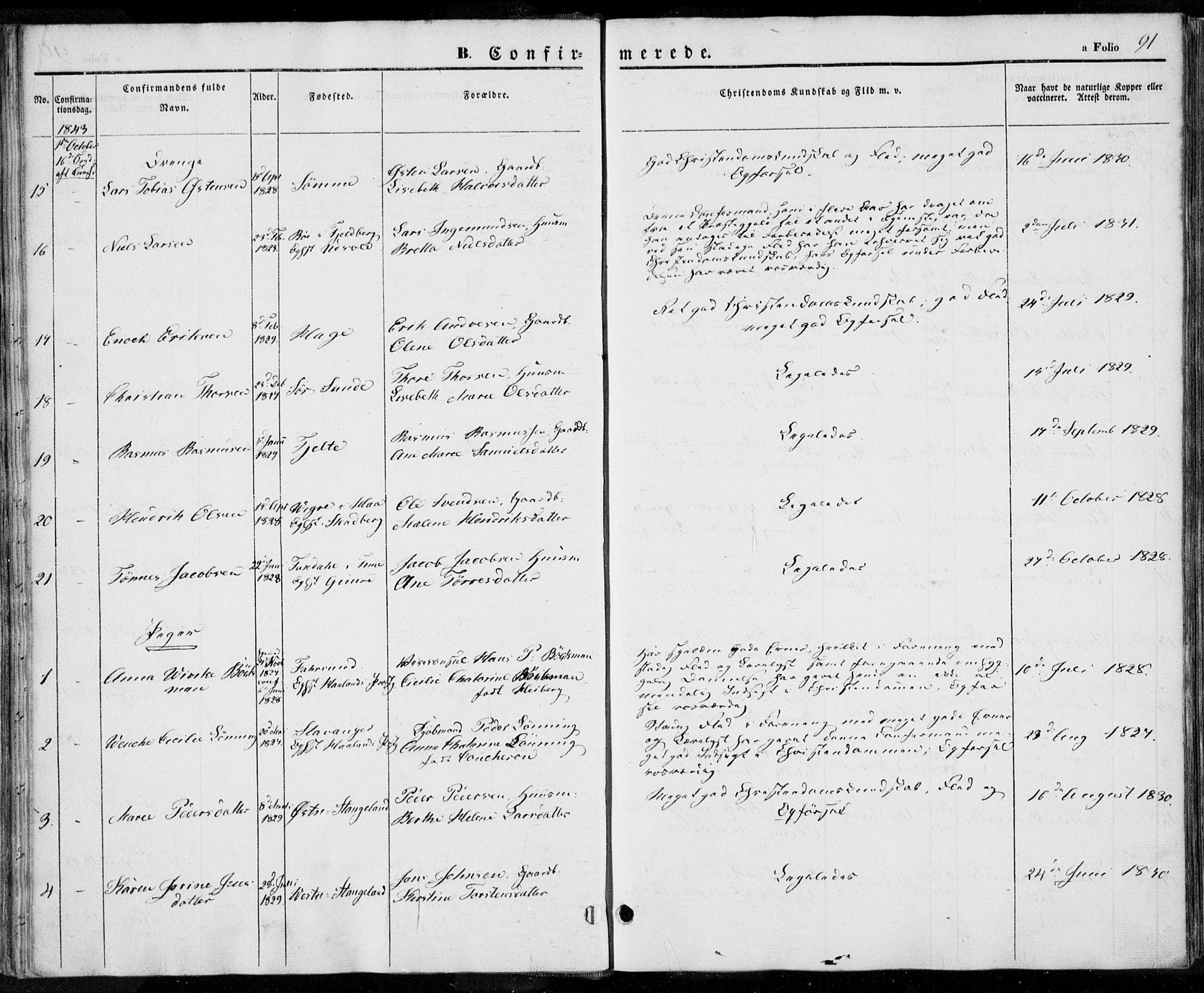 Håland sokneprestkontor, AV/SAST-A-101802/001/30BA/L0006: Parish register (official) no. A 6, 1842-1853, p. 91