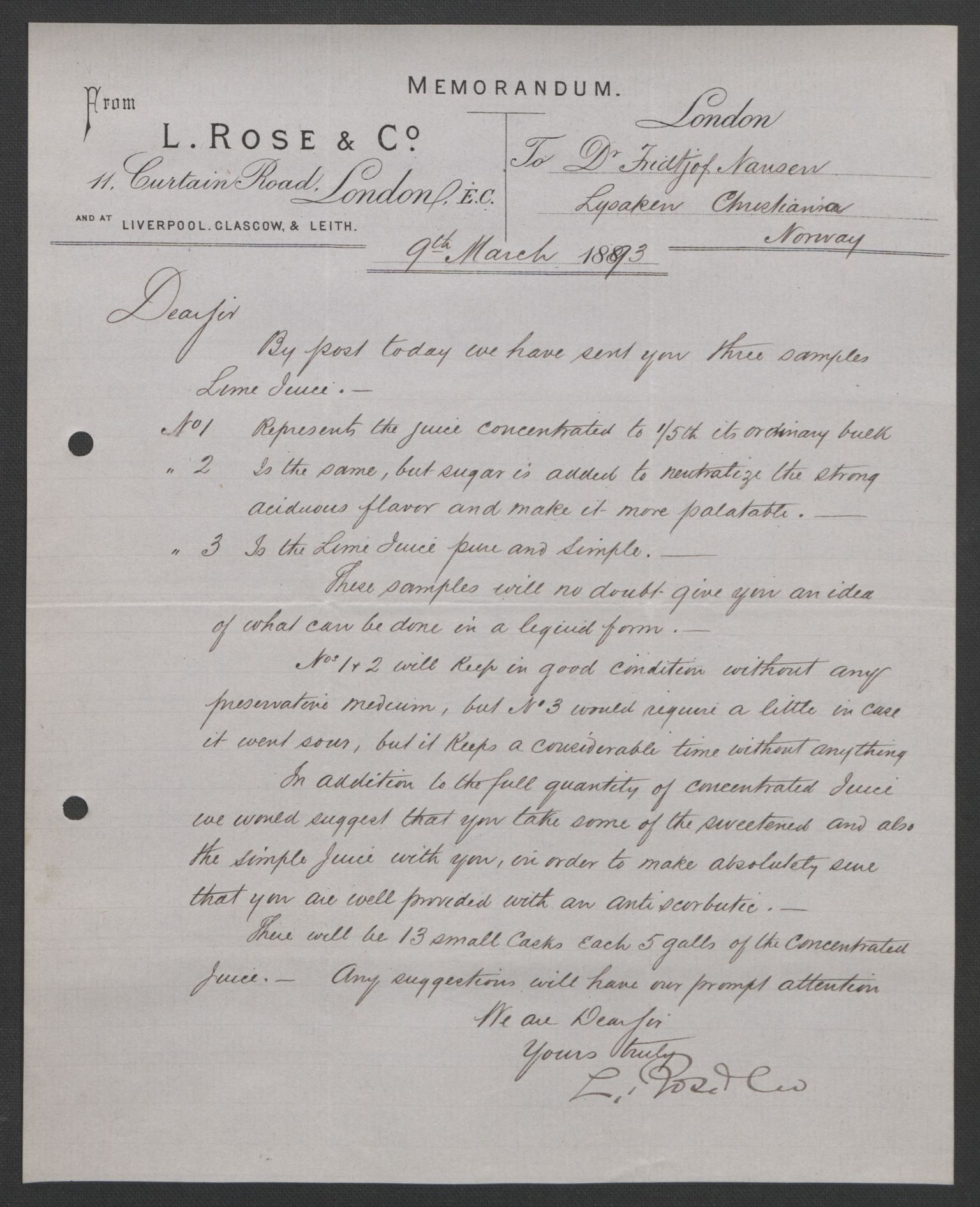 Arbeidskomitéen for Fridtjof Nansens polarekspedisjon, AV/RA-PA-0061/D/L0004: Innk. brev og telegrammer vedr. proviant og utrustning, 1892-1893, p. 476