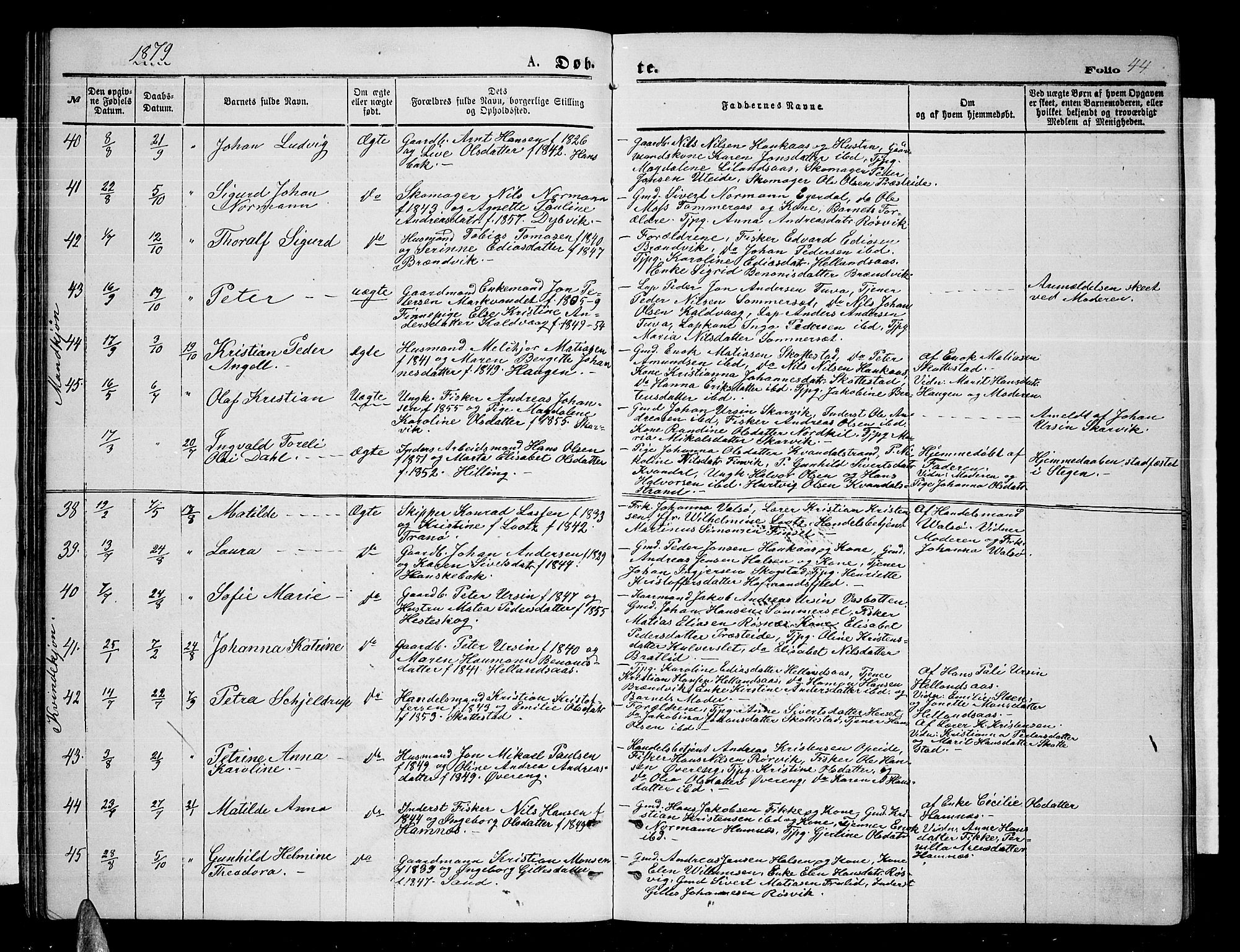 Ministerialprotokoller, klokkerbøker og fødselsregistre - Nordland, AV/SAT-A-1459/859/L0858: Parish register (copy) no. 859C04, 1873-1886, p. 44