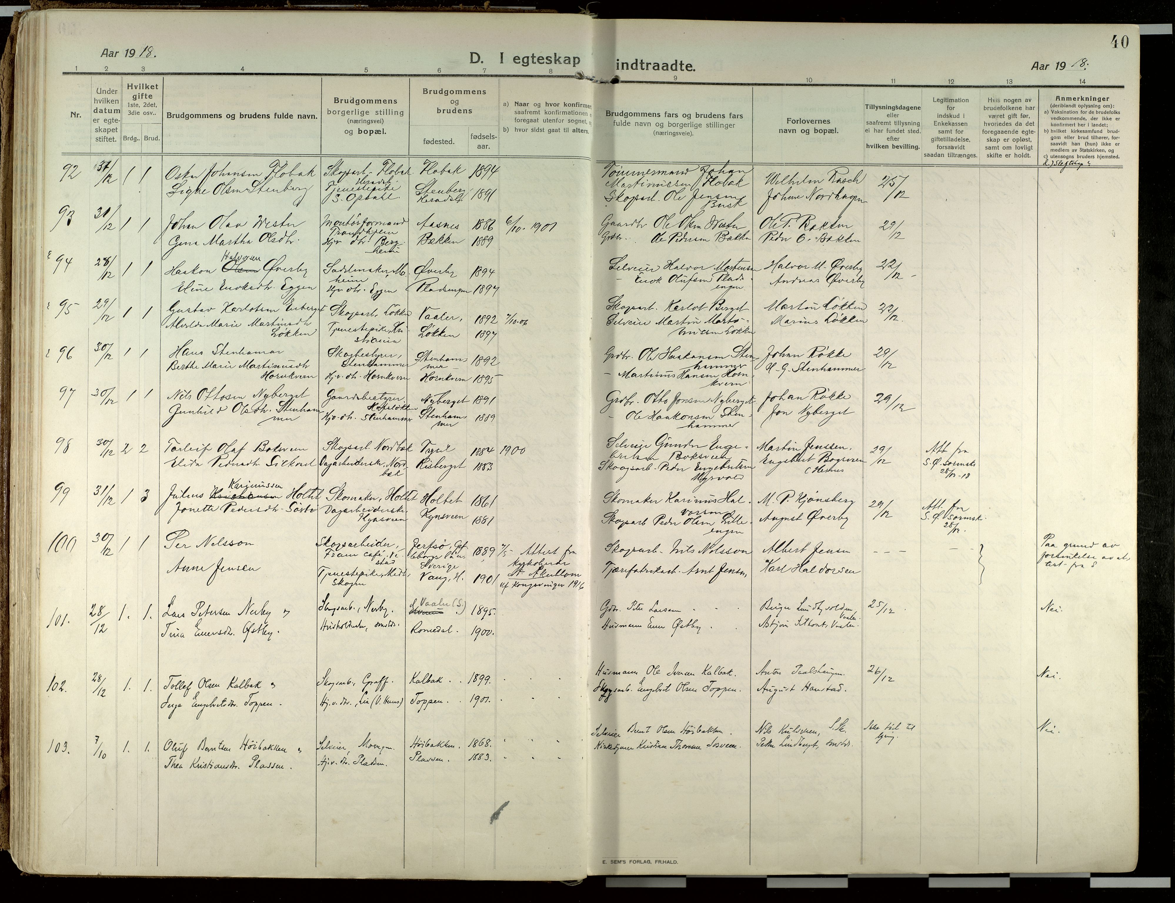 Elverum prestekontor, SAH/PREST-044/H/Ha/Haa/L0021: Parish register (official) no. 21, 1913-1928, p. 40