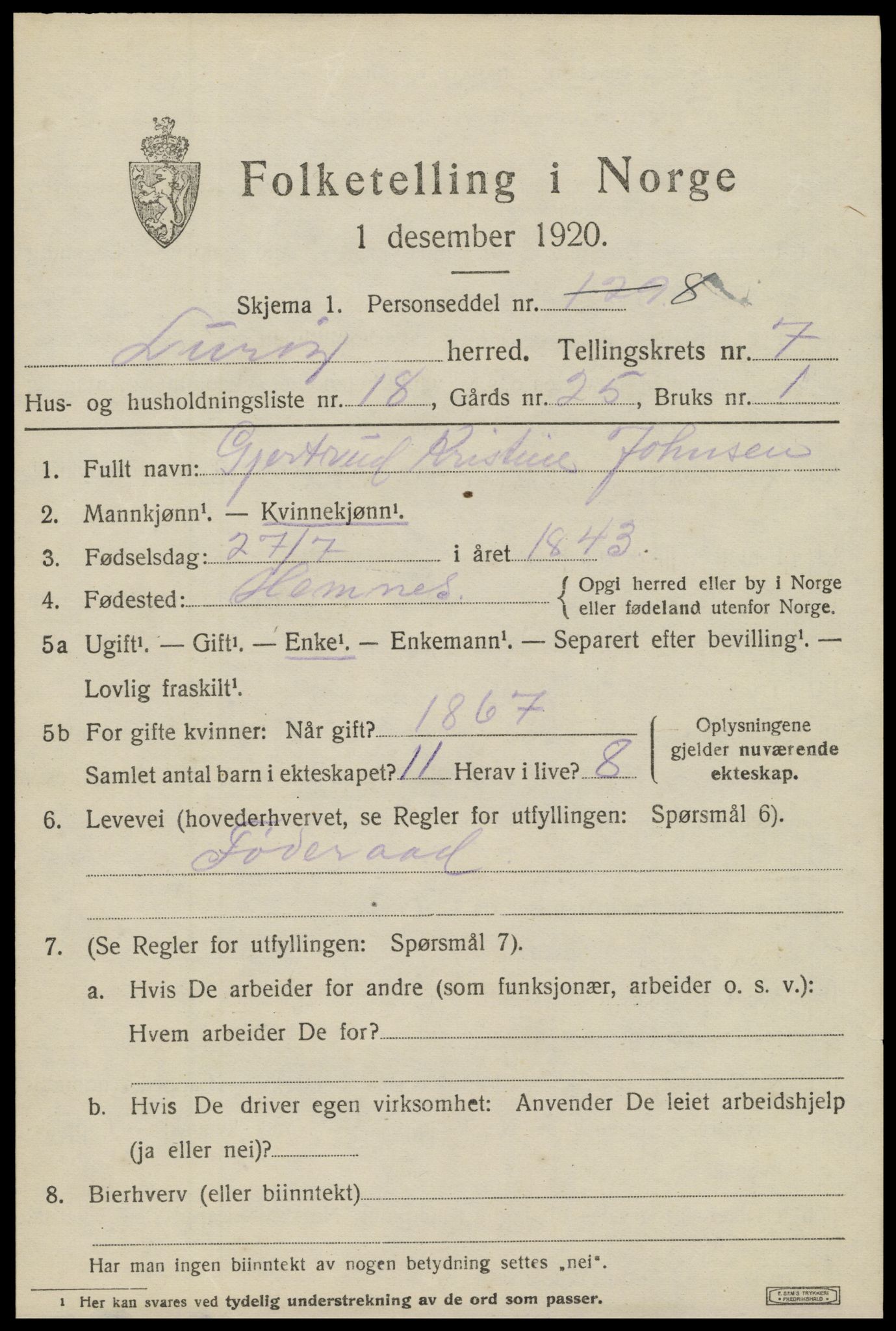 SAT, 1920 census for Lurøy, 1920, p. 3853