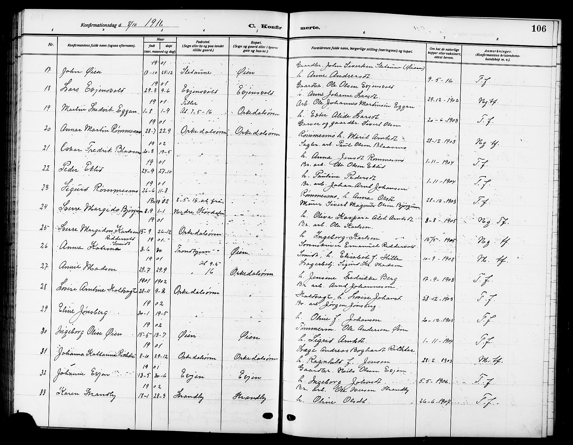 Ministerialprotokoller, klokkerbøker og fødselsregistre - Sør-Trøndelag, SAT/A-1456/669/L0831: Parish register (copy) no. 669C01, 1909-1924, p. 106