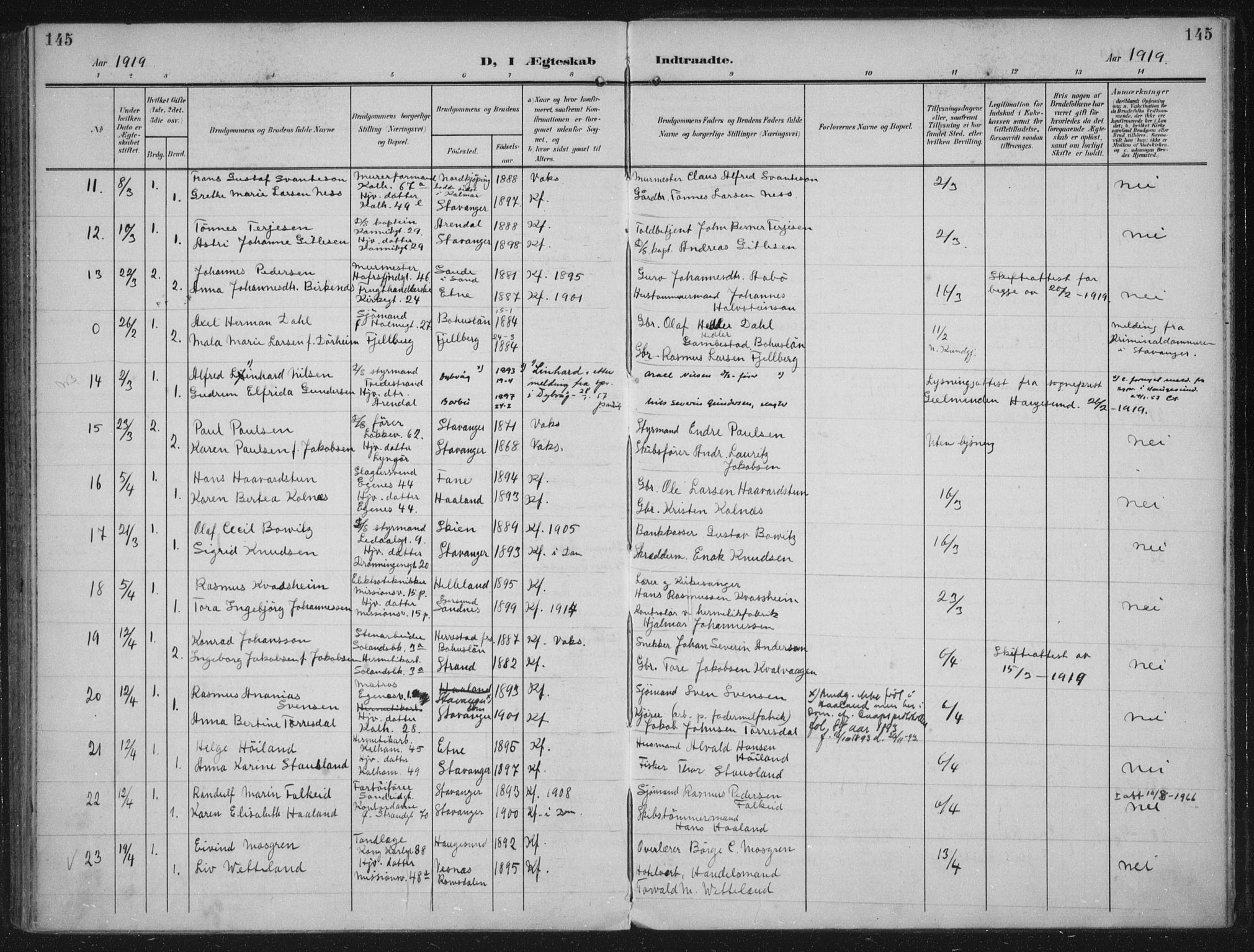 Domkirken sokneprestkontor, SAST/A-101812/002/A/L0016: Parish register (official) no. A 33, 1905-1922, p. 145