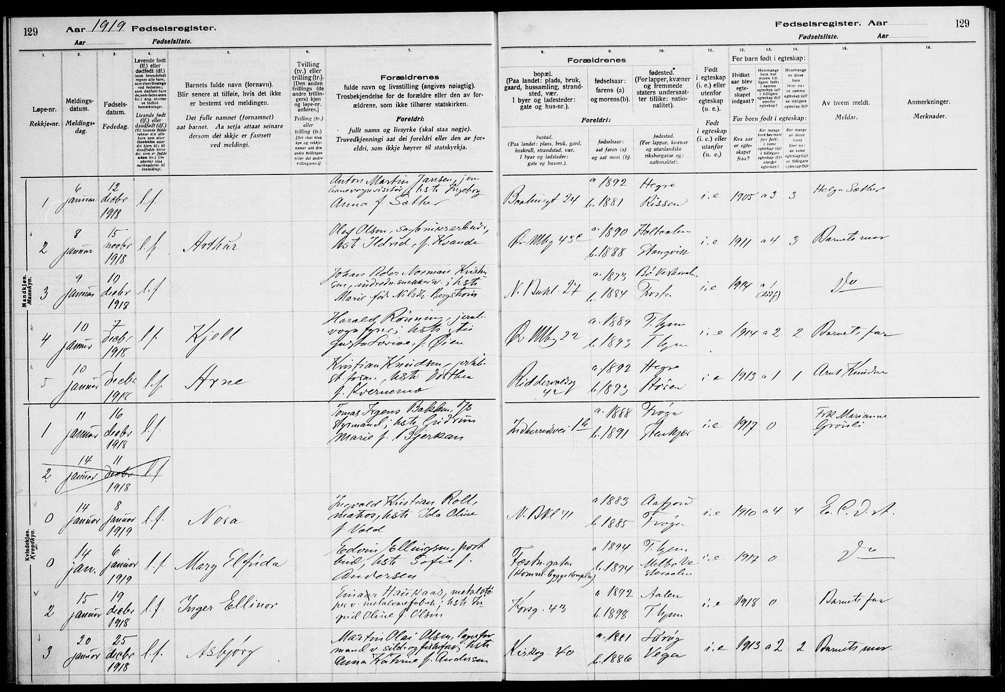Ministerialprotokoller, klokkerbøker og fødselsregistre - Sør-Trøndelag, SAT/A-1456/604/L0232: Birth register no. 604.II.4.1, 1916-1920, p. 129