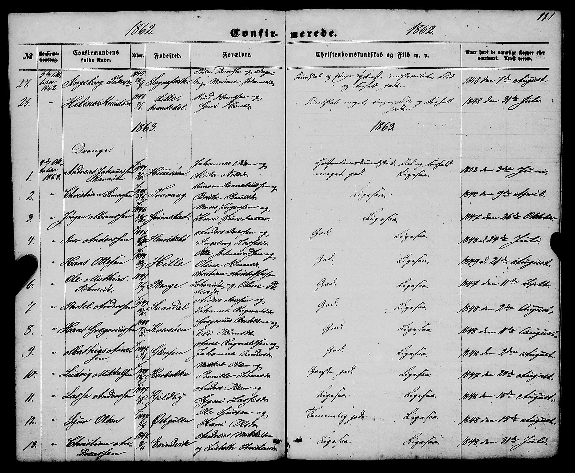 Gulen sokneprestembete, AV/SAB-A-80201/H/Haa/Haaa/L0022: Parish register (official) no. A 22, 1859-1869, p. 121