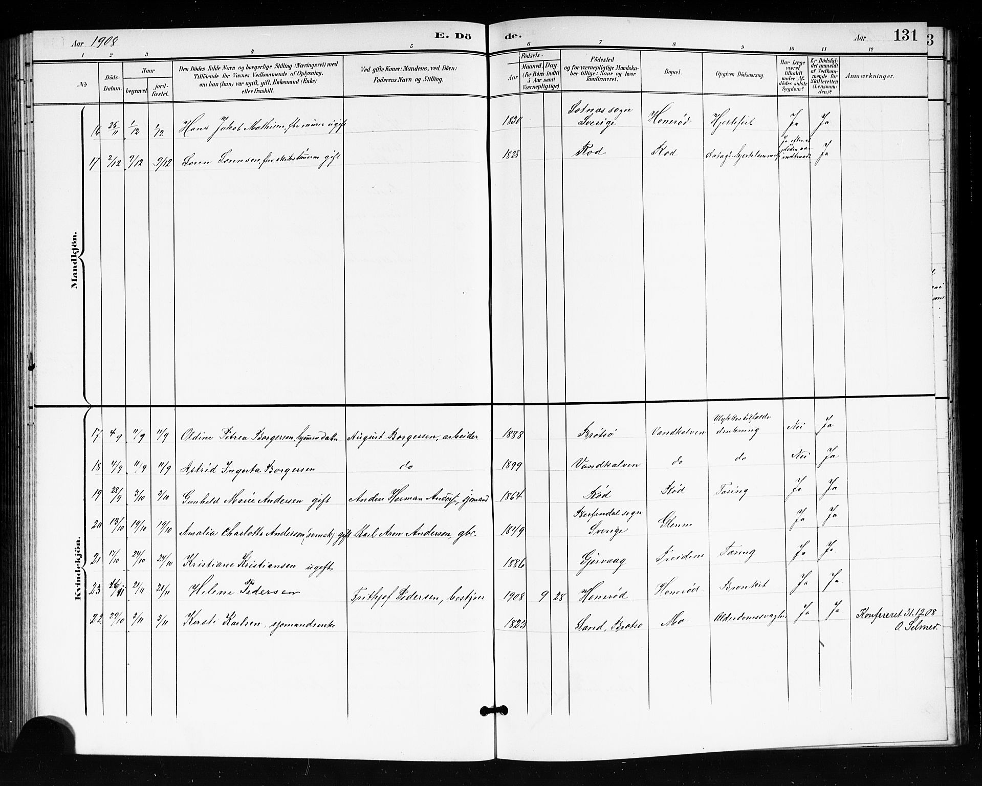 Tjøme kirkebøker, AV/SAKO-A-328/G/Ga/L0001: Parish register (copy) no. I 1, 1901-1910, p. 131