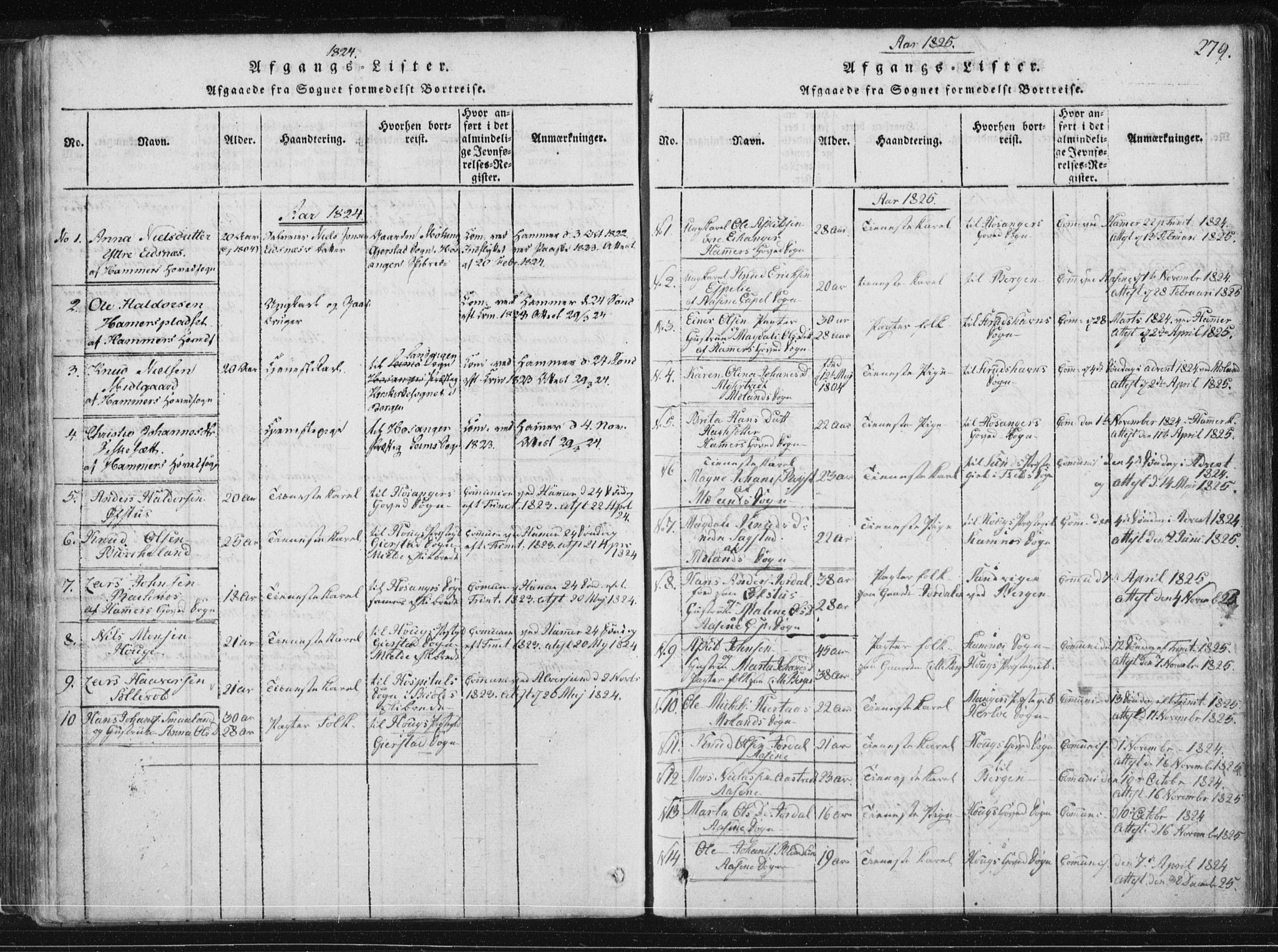 Hamre sokneprestembete, SAB/A-75501/H/Ha/Haa/Haaa/L0010: Parish register (official) no. A 10, 1816-1826, p. 279