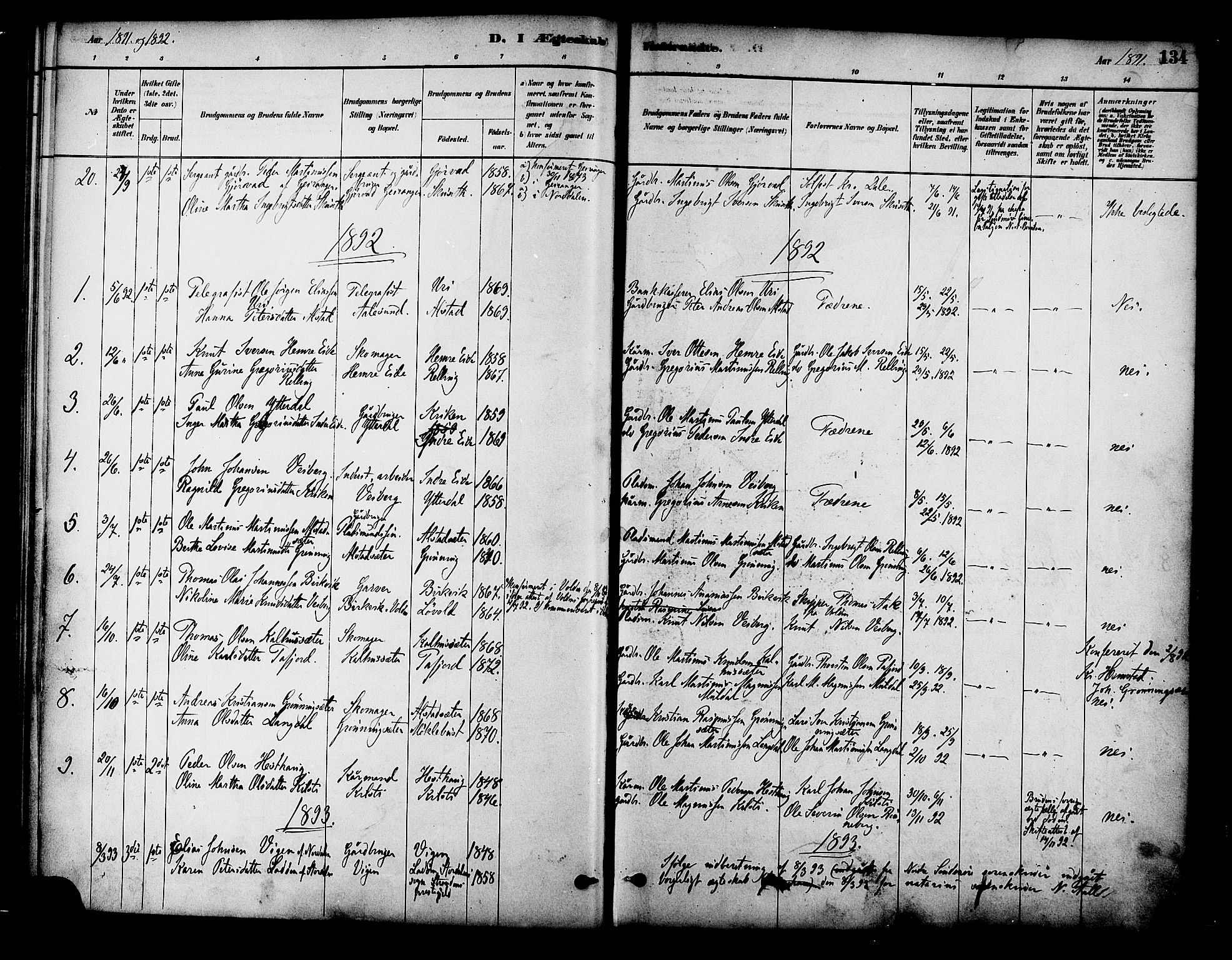 Ministerialprotokoller, klokkerbøker og fødselsregistre - Møre og Romsdal, SAT/A-1454/519/L0255: Parish register (official) no. 519A14, 1884-1908, p. 134