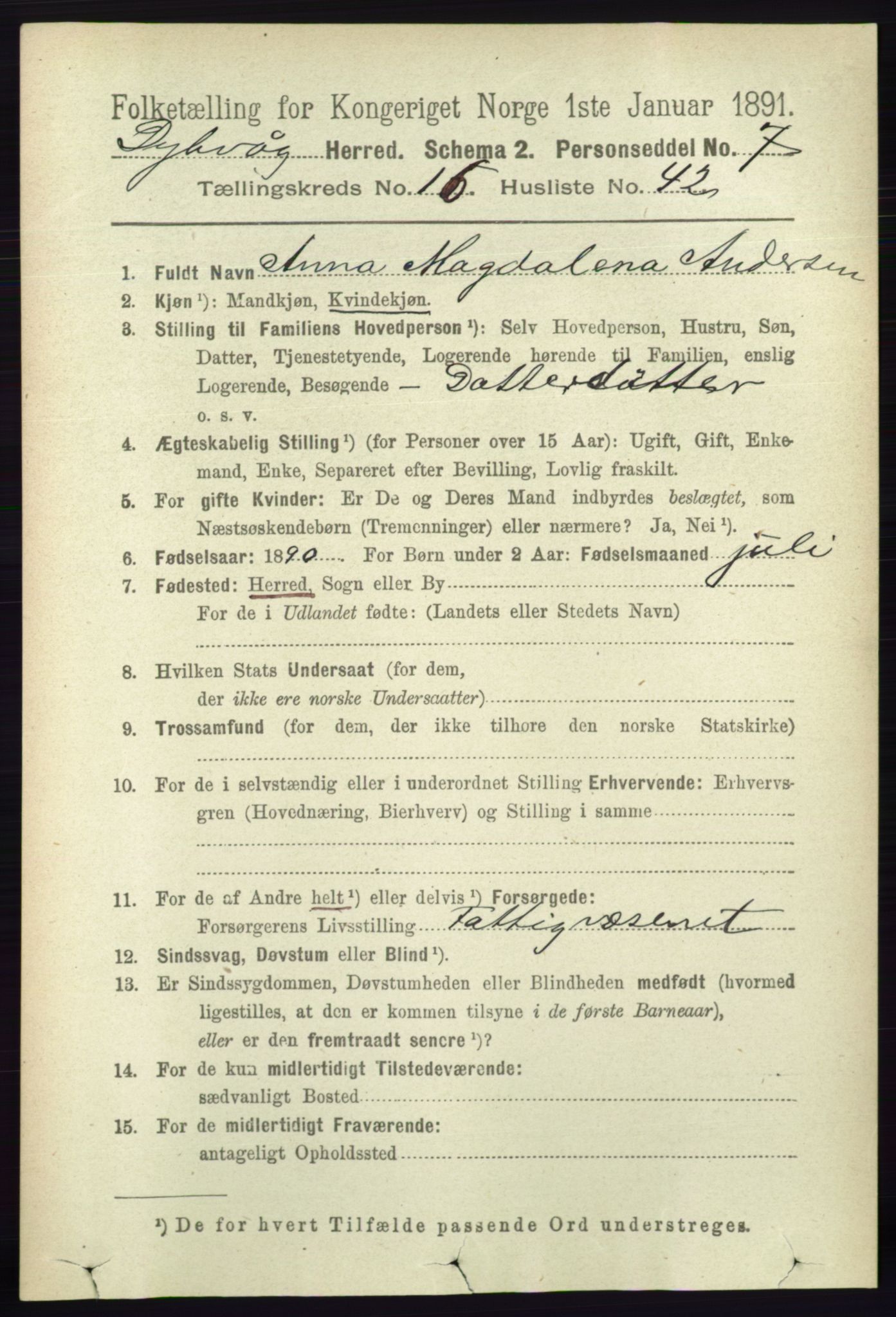 RA, 1891 census for 0915 Dypvåg, 1891, p. 6654