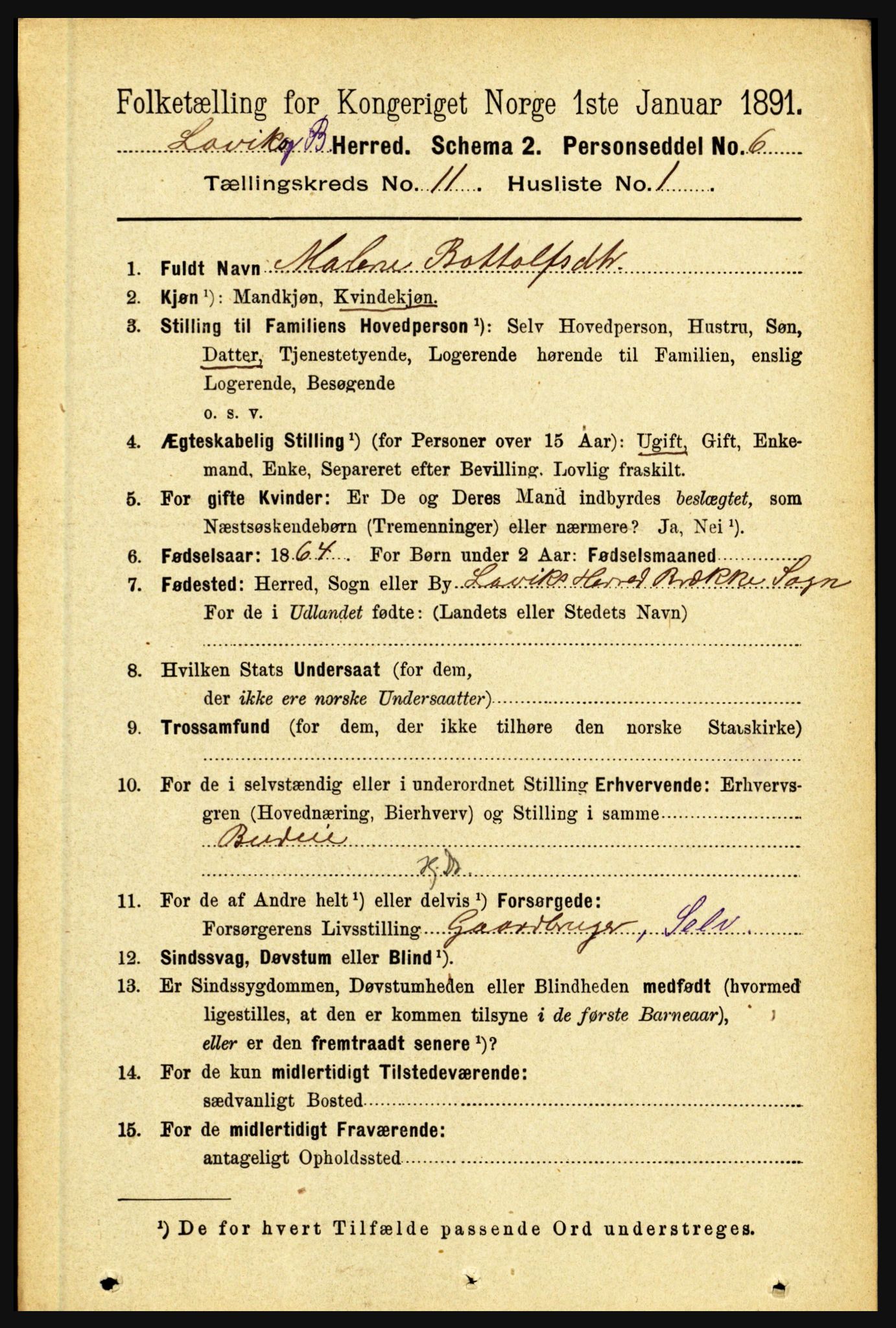 RA, 1891 census for 1415 Lavik og Brekke, 1891, p. 2141