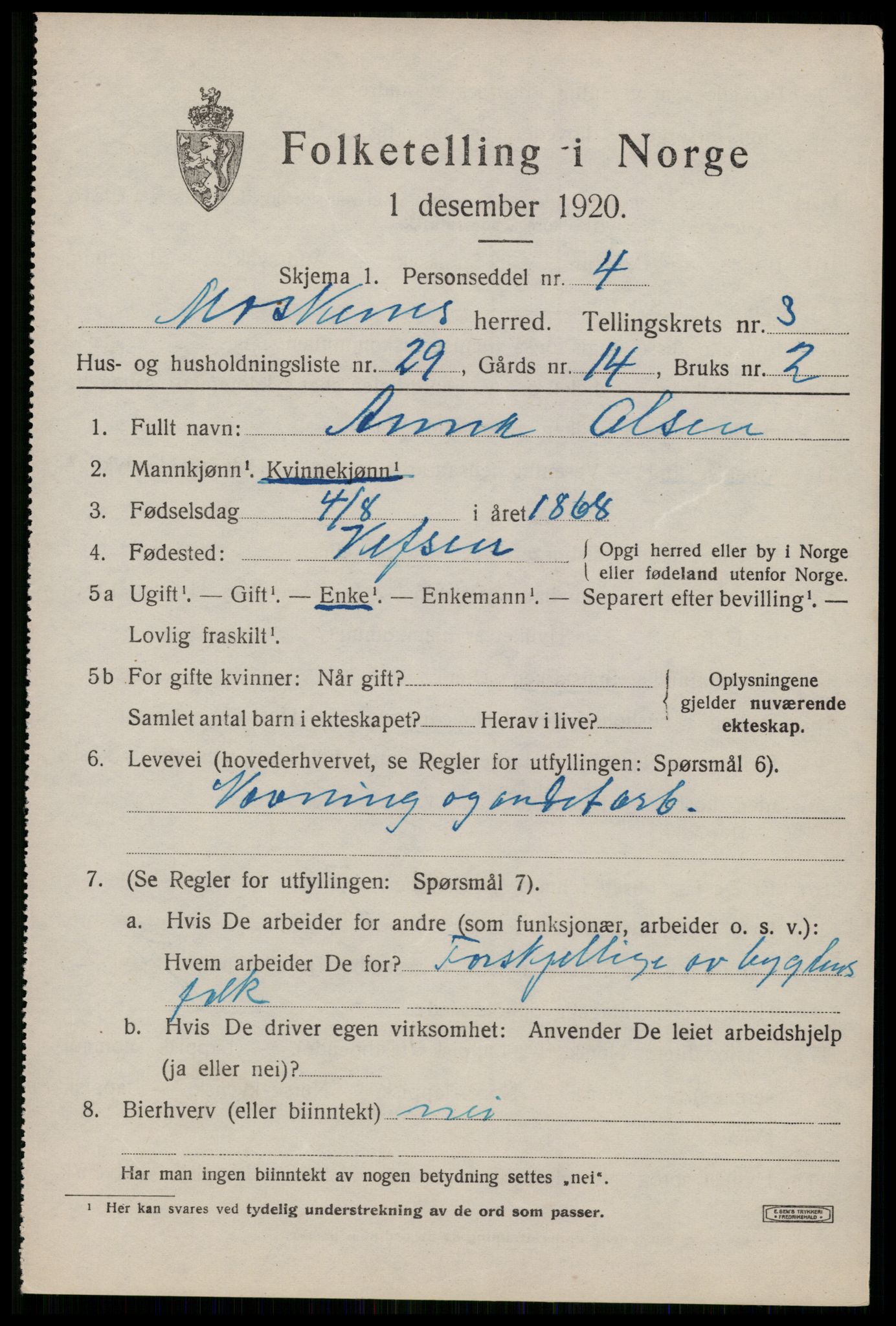 SAT, 1920 census for Moskenes, 1920, p. 2076