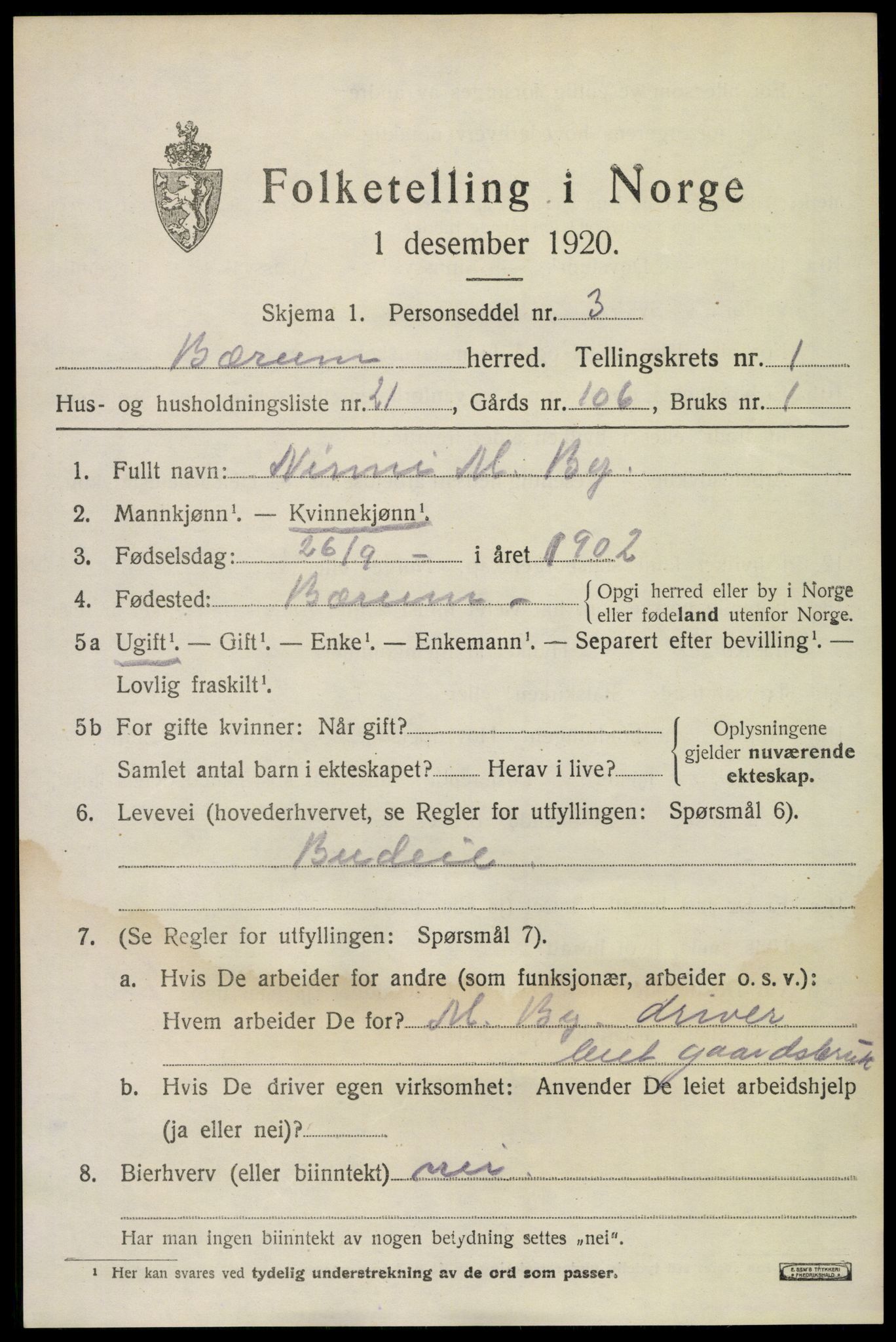 SAO, 1920 census for Bærum, 1920, p. 5392