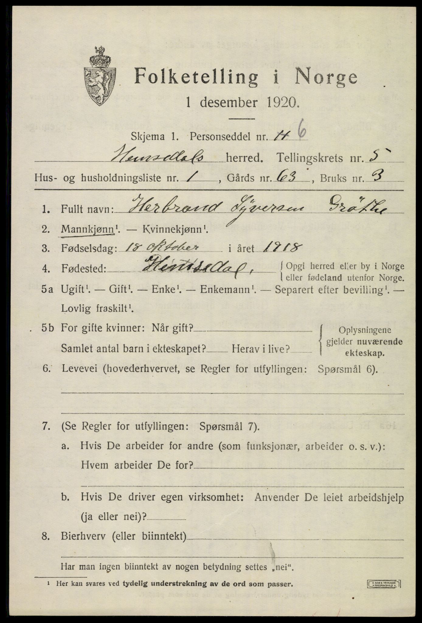 SAKO, 1920 census for Hemsedal, 1920, p. 1750